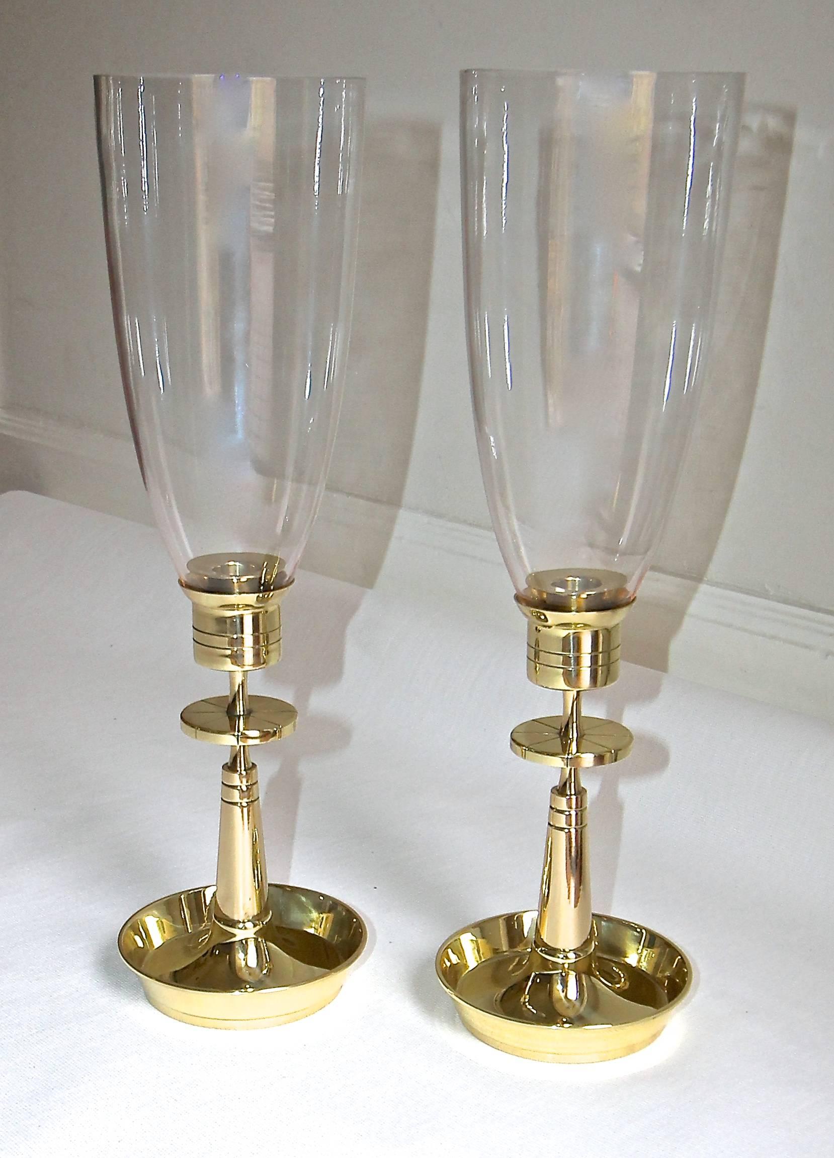 Pair of Tommi Parzinger Brass Hurricane Glass Candlesticks In Excellent Condition In Dallas, TX