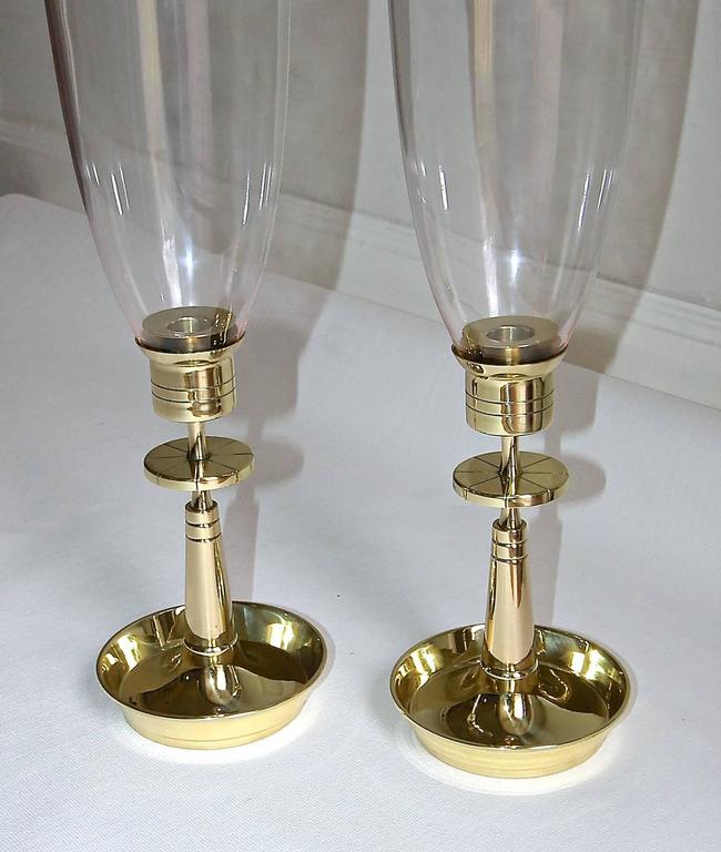 Pair of Tommi Parzinger Brass Hurricane Glass Candlesticks at 1stDibs