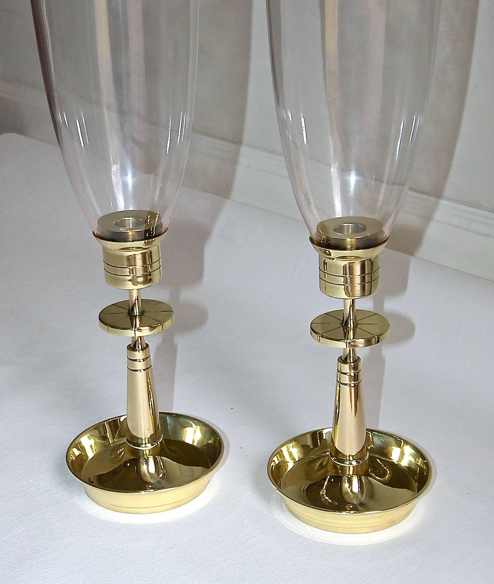 American Pair of Tommi Parzinger Brass Hurricane Glass Candlesticks