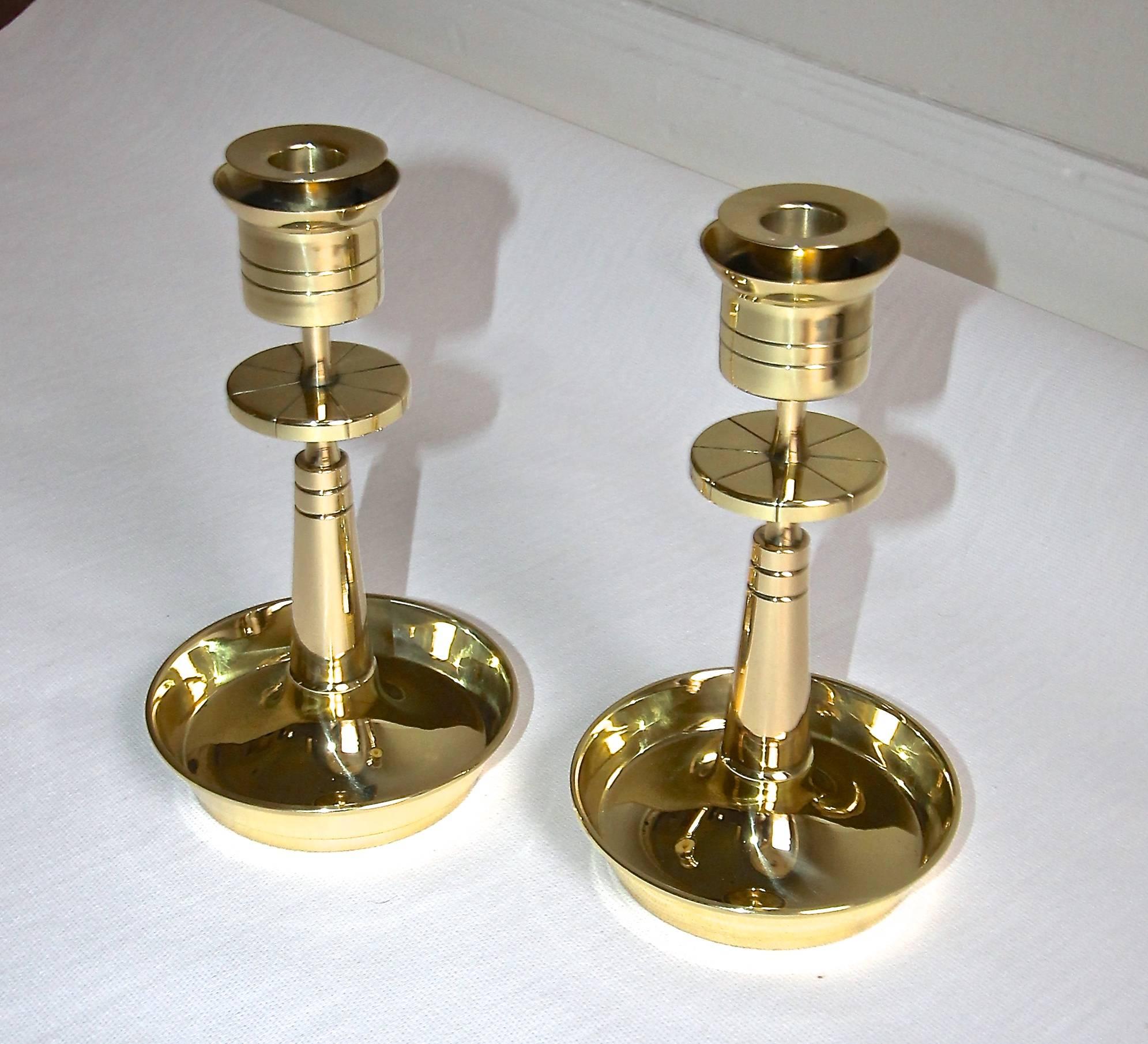 Mid-20th Century Pair of Tommi Parzinger Brass Hurricane Glass Candlesticks