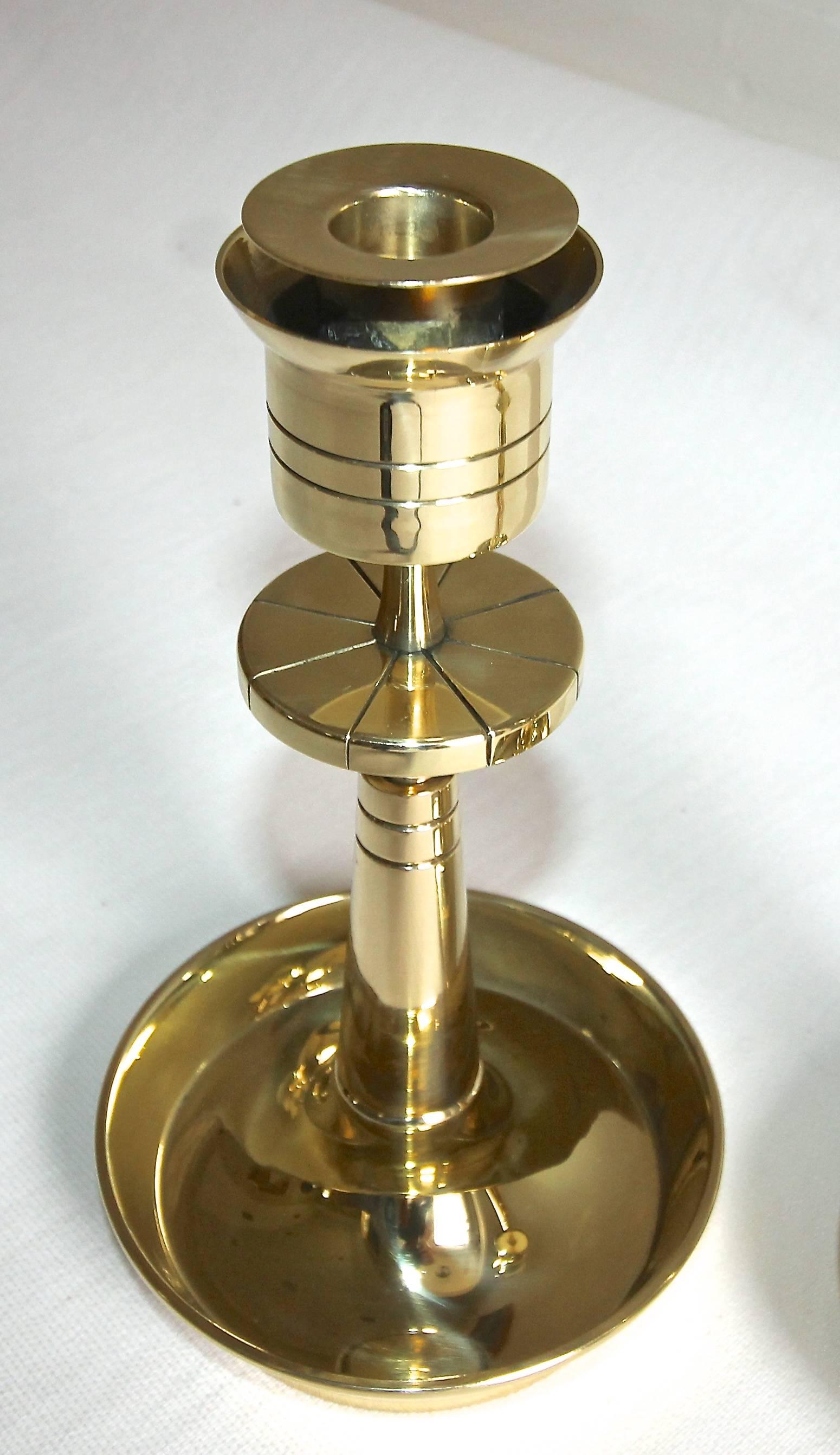 Pair of Tommi Parzinger Brass Hurricane Glass Candlesticks 3