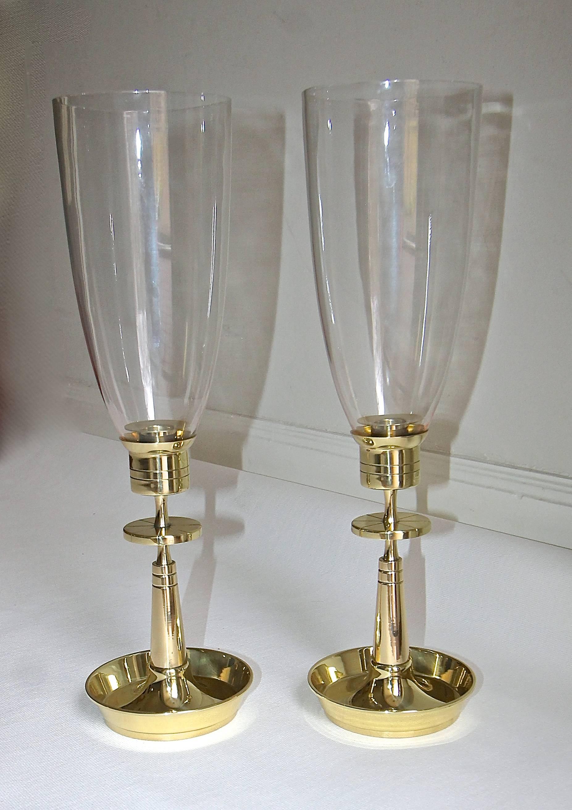 Pair of Tommi Parzinger Brass Hurricane Glass Candlesticks 2