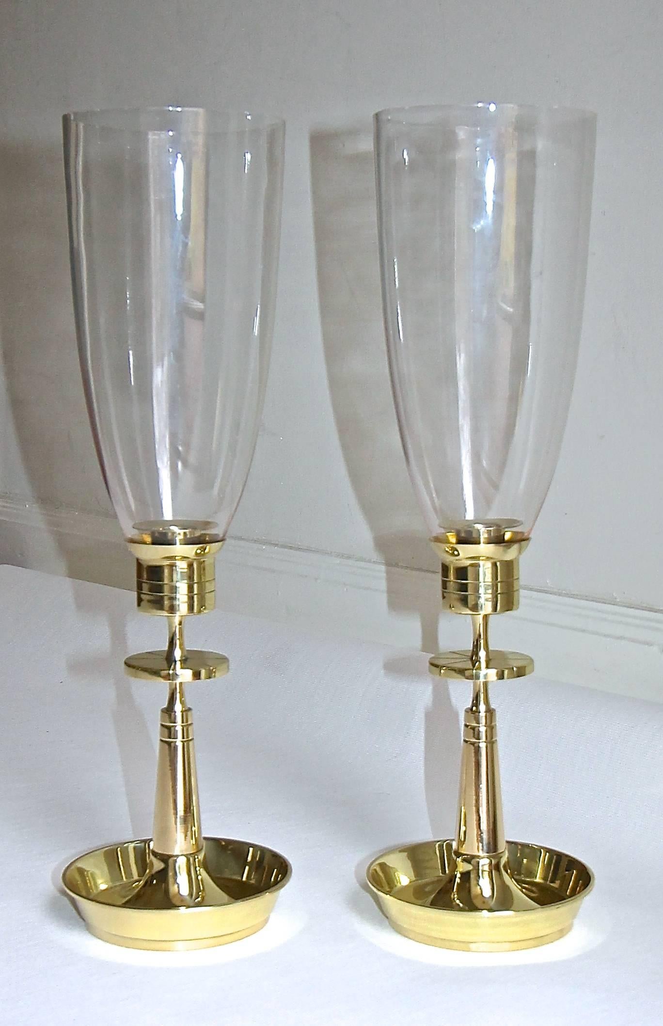 Pair of Tommi Parzinger Brass Hurricane Glass Candlesticks 5