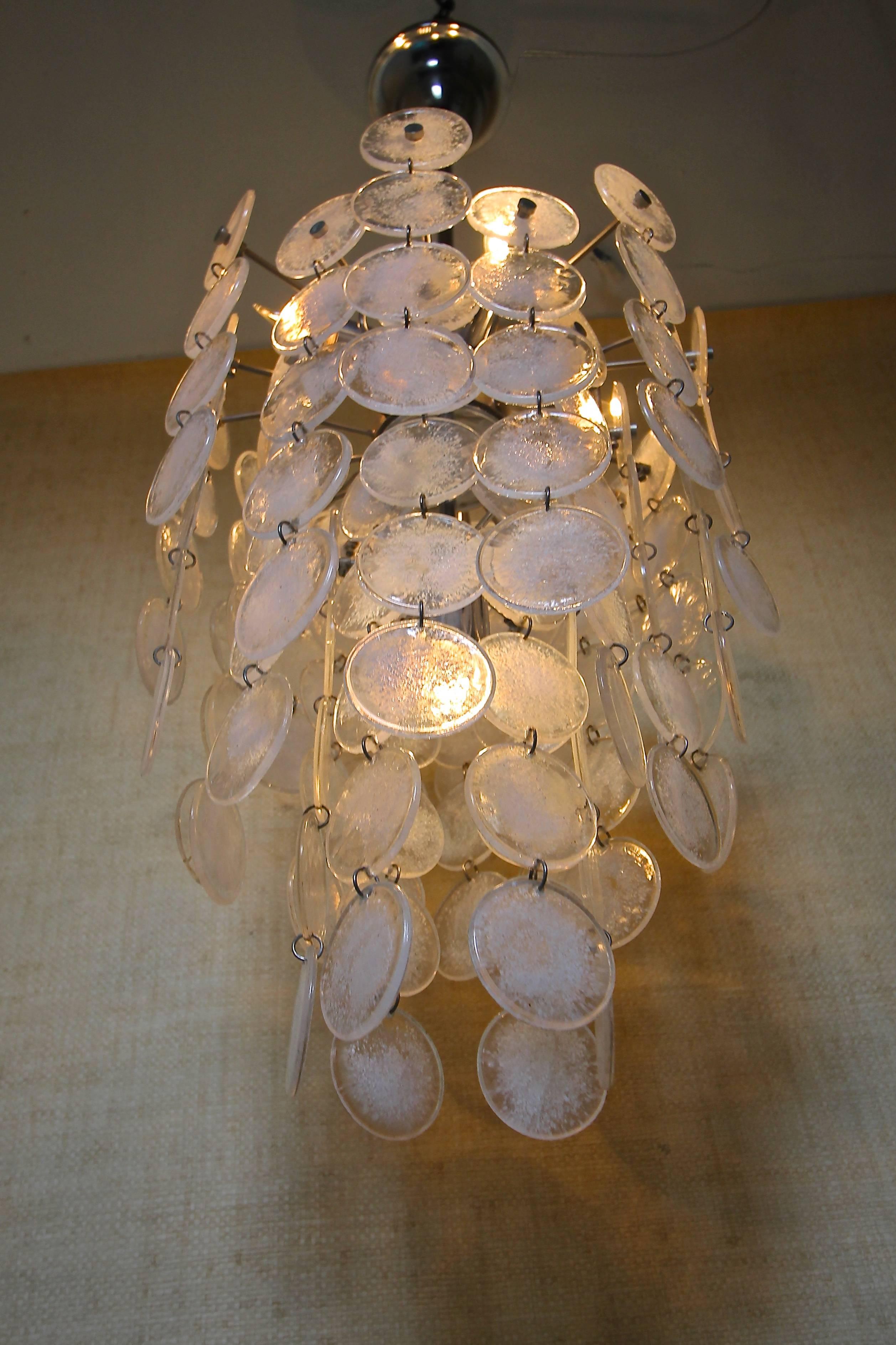 Metal Murano Mazzega Cascading Clear and White Glass Disk Chandelier For Sale