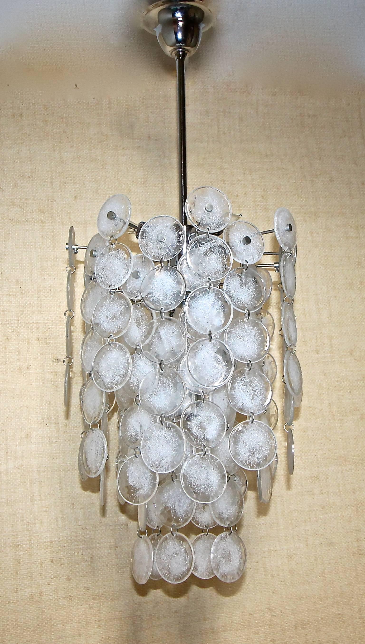 Italian Murano Mazzega Cascading Clear and White Glass Disk Chandelier For Sale
