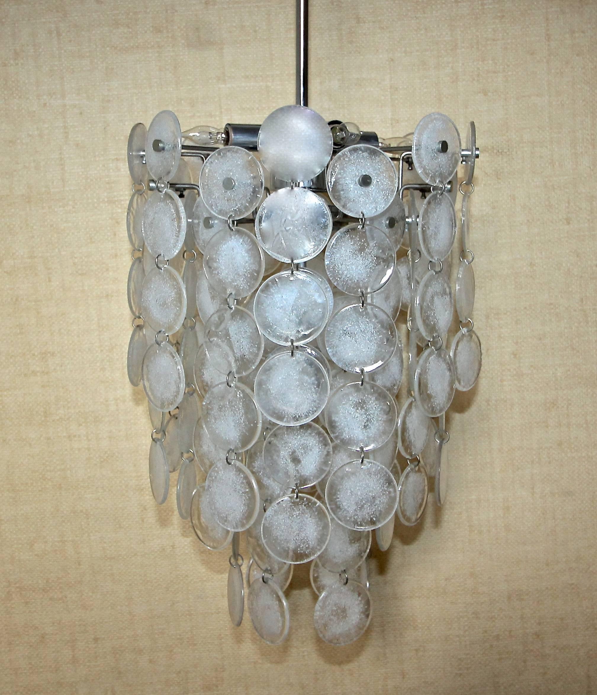 Murano Mazzega Cascading Clear and White Glass Disk Chandelier For Sale 1