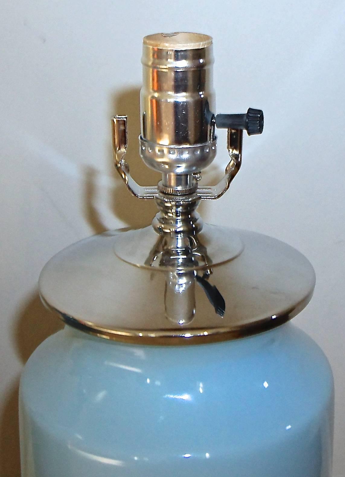 Pair of Custom Pale Blue Ceramic Lamps  1