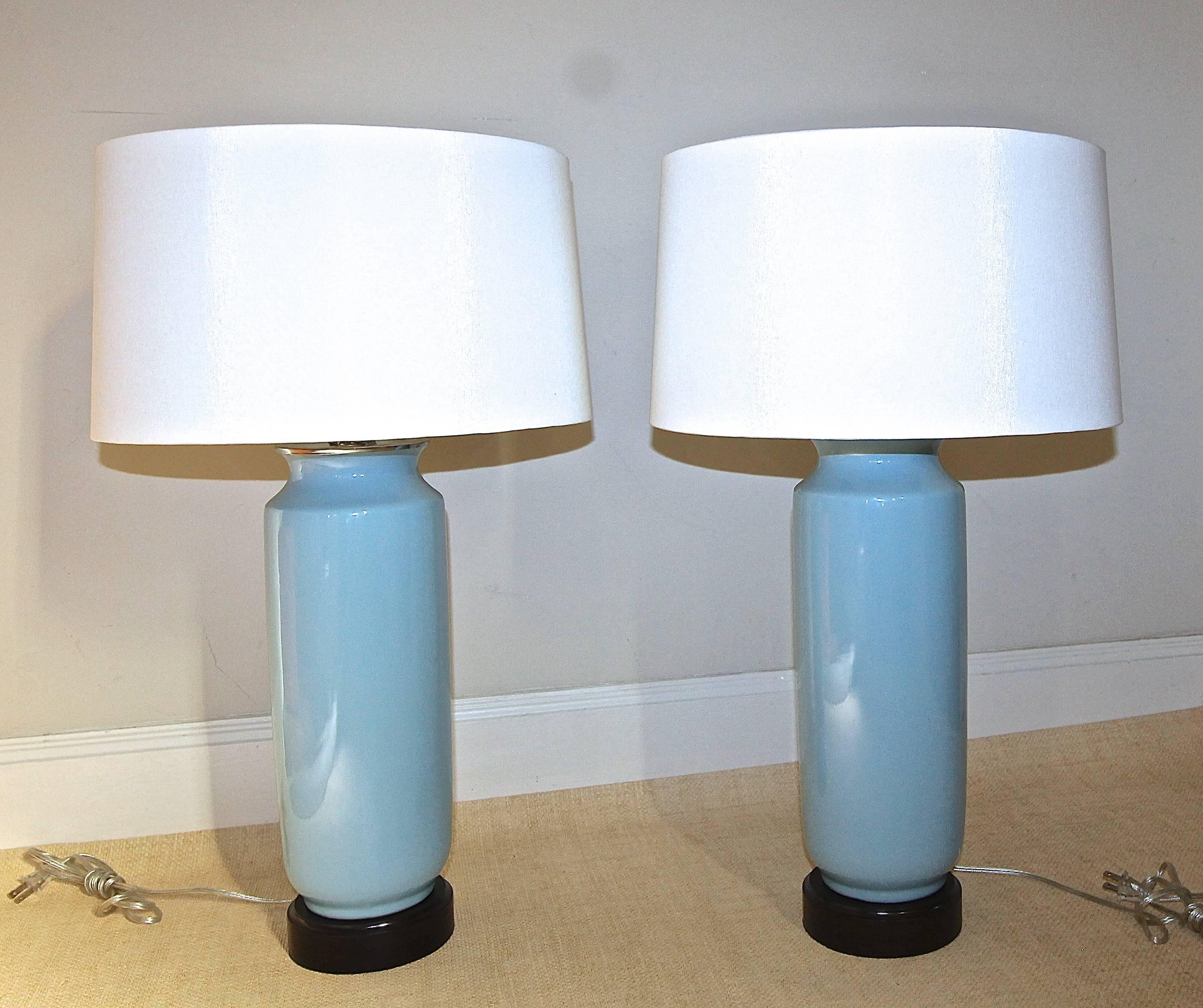 Pair of Custom Pale Blue Ceramic Lamps  2