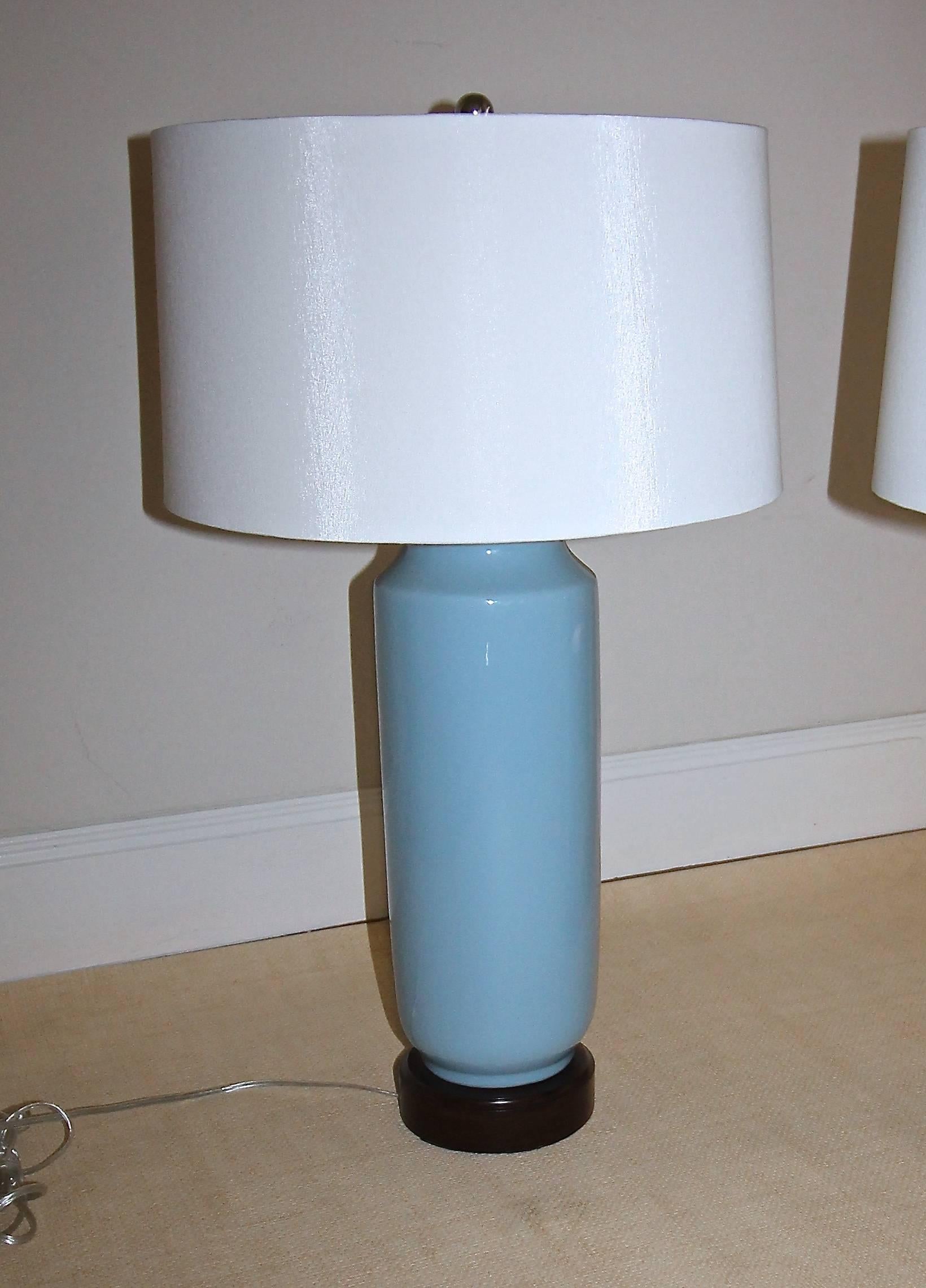 Stained Pair of Custom Pale Blue Ceramic Lamps 