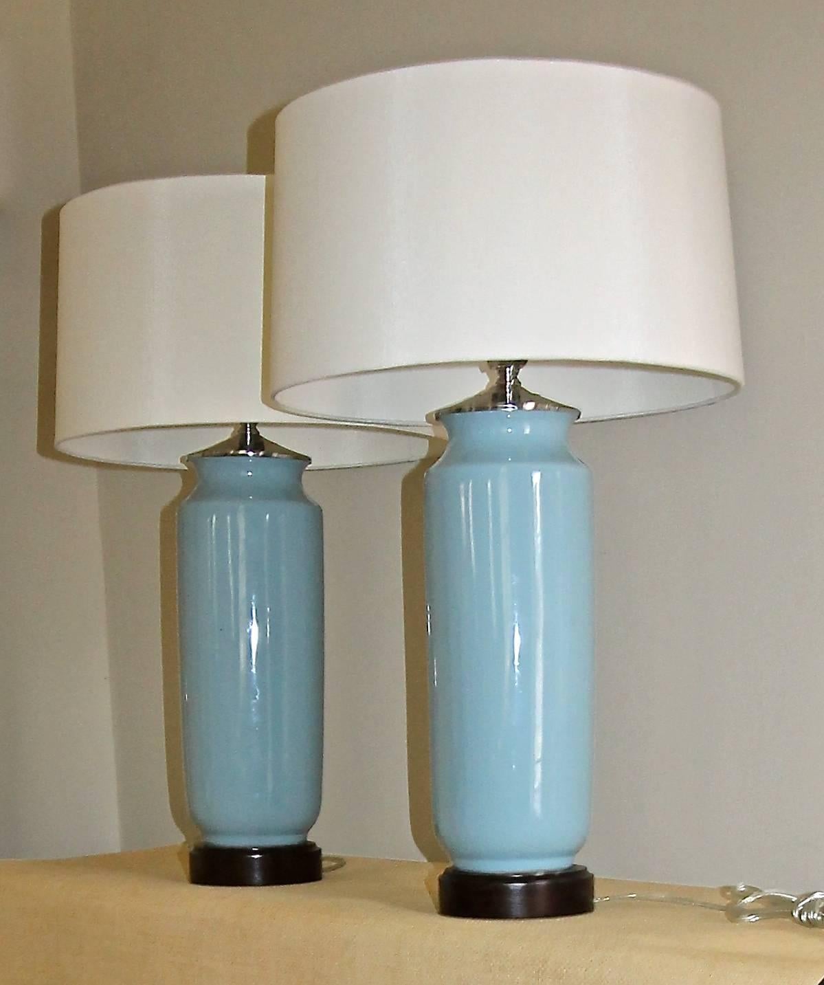 Pair of Custom Pale Blue Ceramic Lamps  In Excellent Condition In Dallas, TX