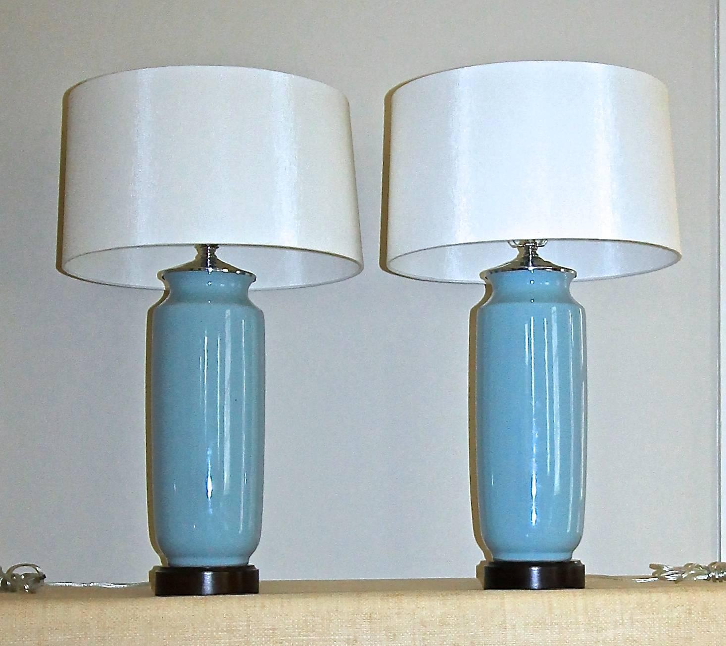 Pair of Custom Pale Blue Ceramic Lamps  4