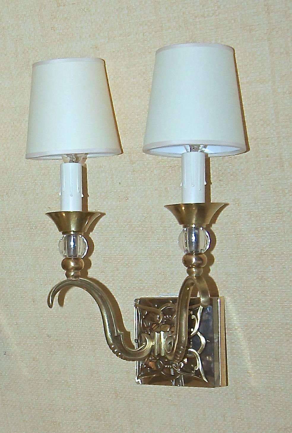 Pair of French Bronze and Crystal Jules Leleu Sconces In Good Condition In Dallas, TX