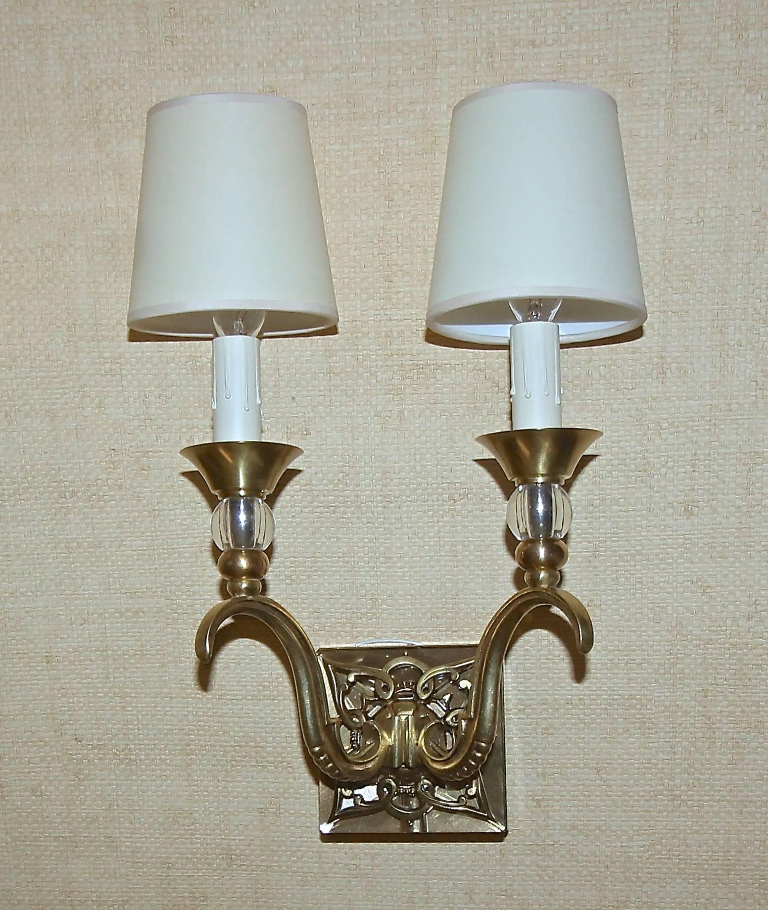Pair of French Bronze and Crystal Jules Leleu Sconces 6