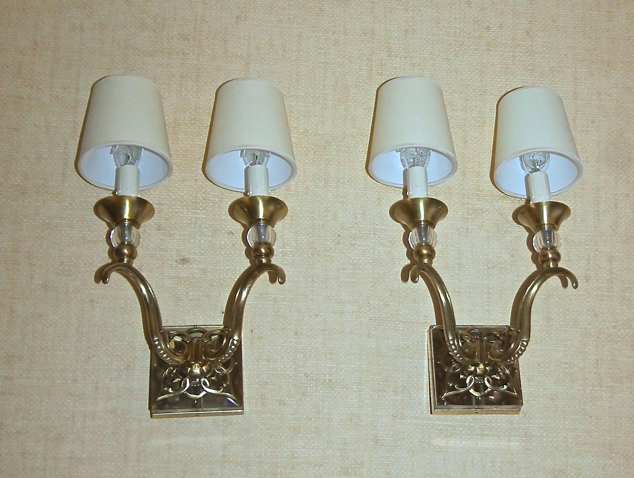 Mid-20th Century Pair of French Bronze and Crystal Jules Leleu Sconces