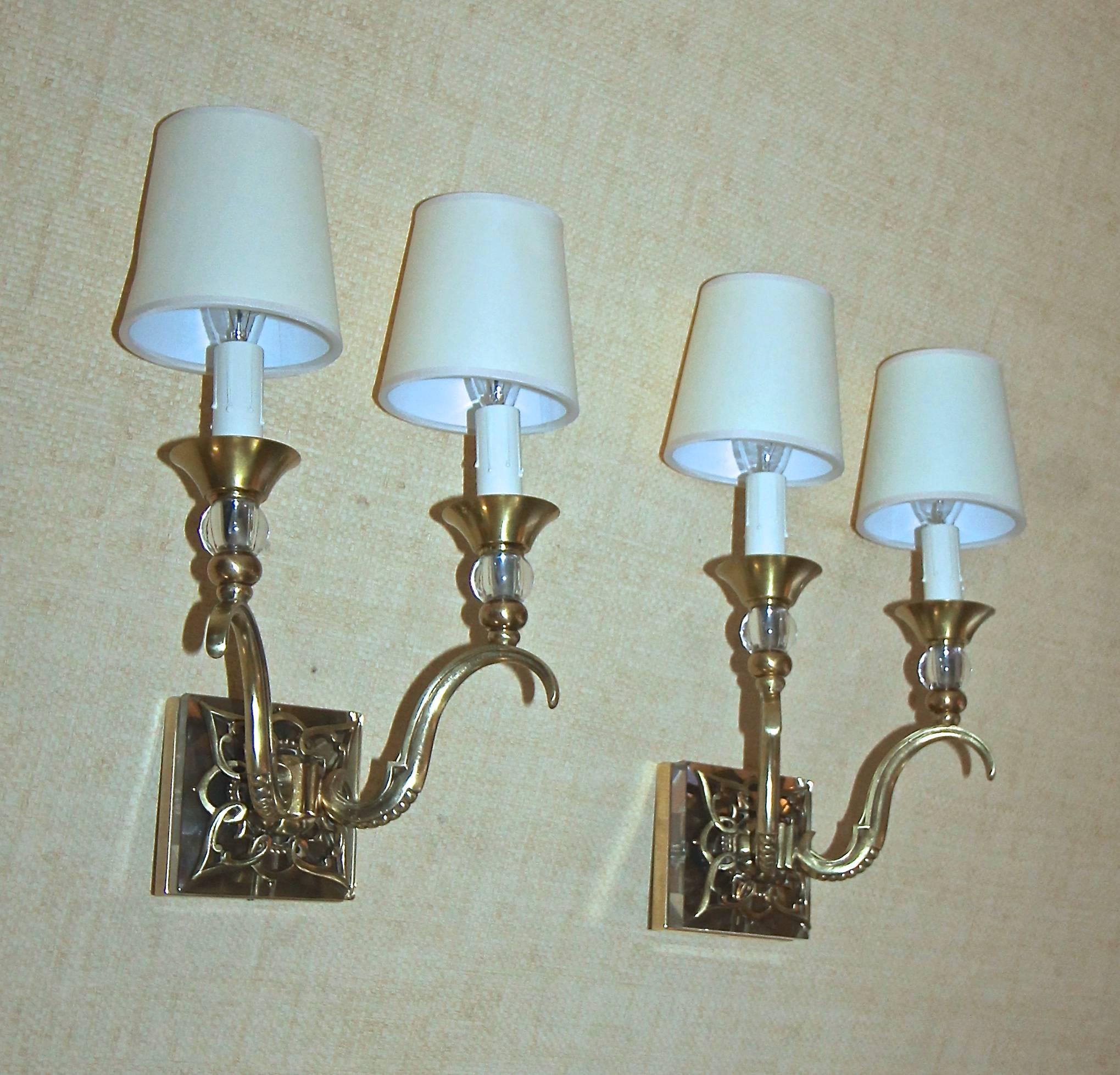 Pair of French Bronze and Crystal Jules Leleu Sconces 1