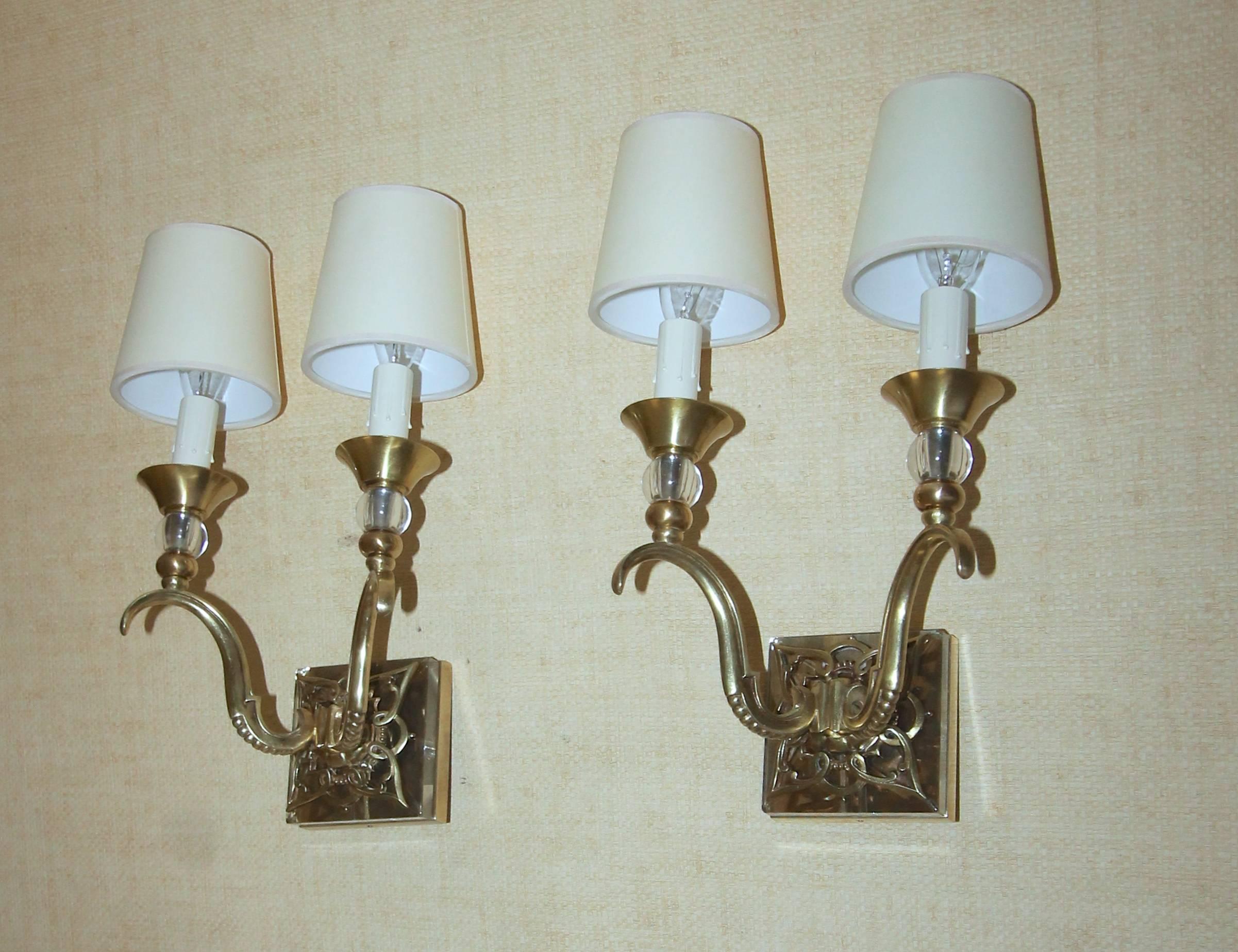 Pair of French Bronze and Crystal Jules Leleu Sconces 3