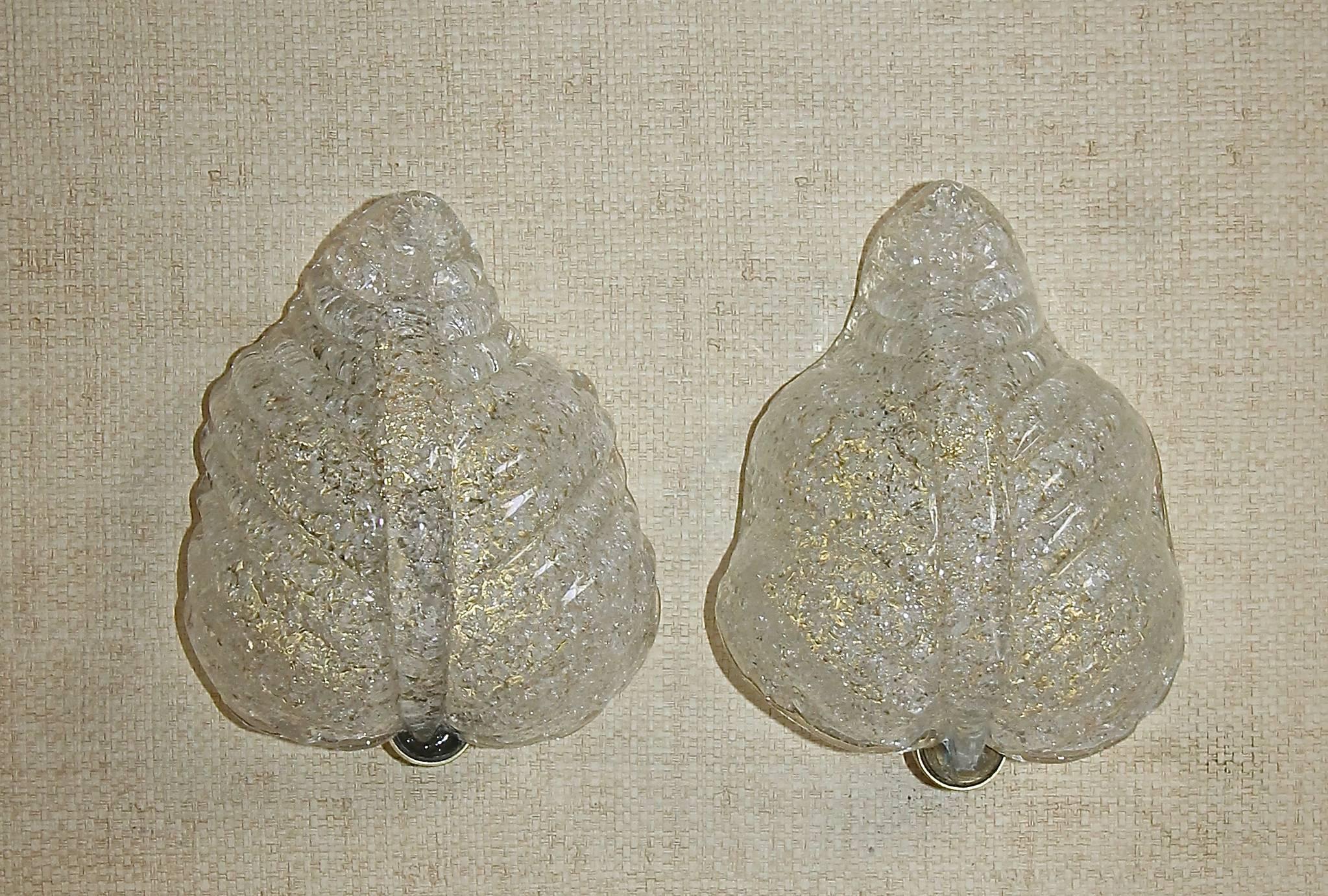 Mid-20th Century Pair Murano Italian Glass Leaf Shape Wall Sconces For Sale