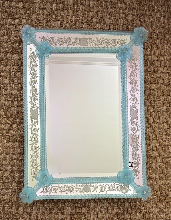 Murano Blue Floral Etched Wall Mirror at 1stdibs