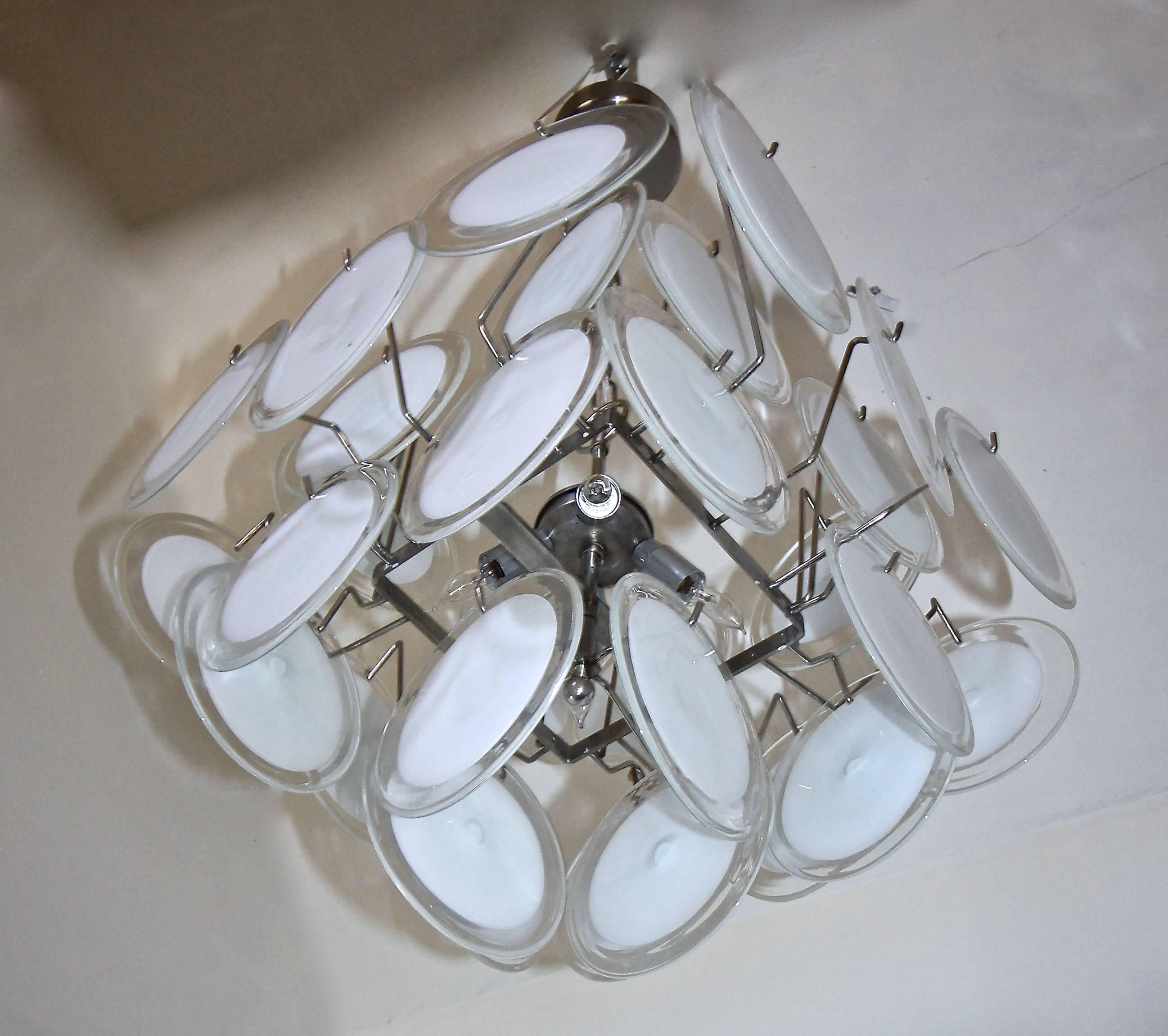 Vistosi Murano Clear and White Disc Chandelier 1