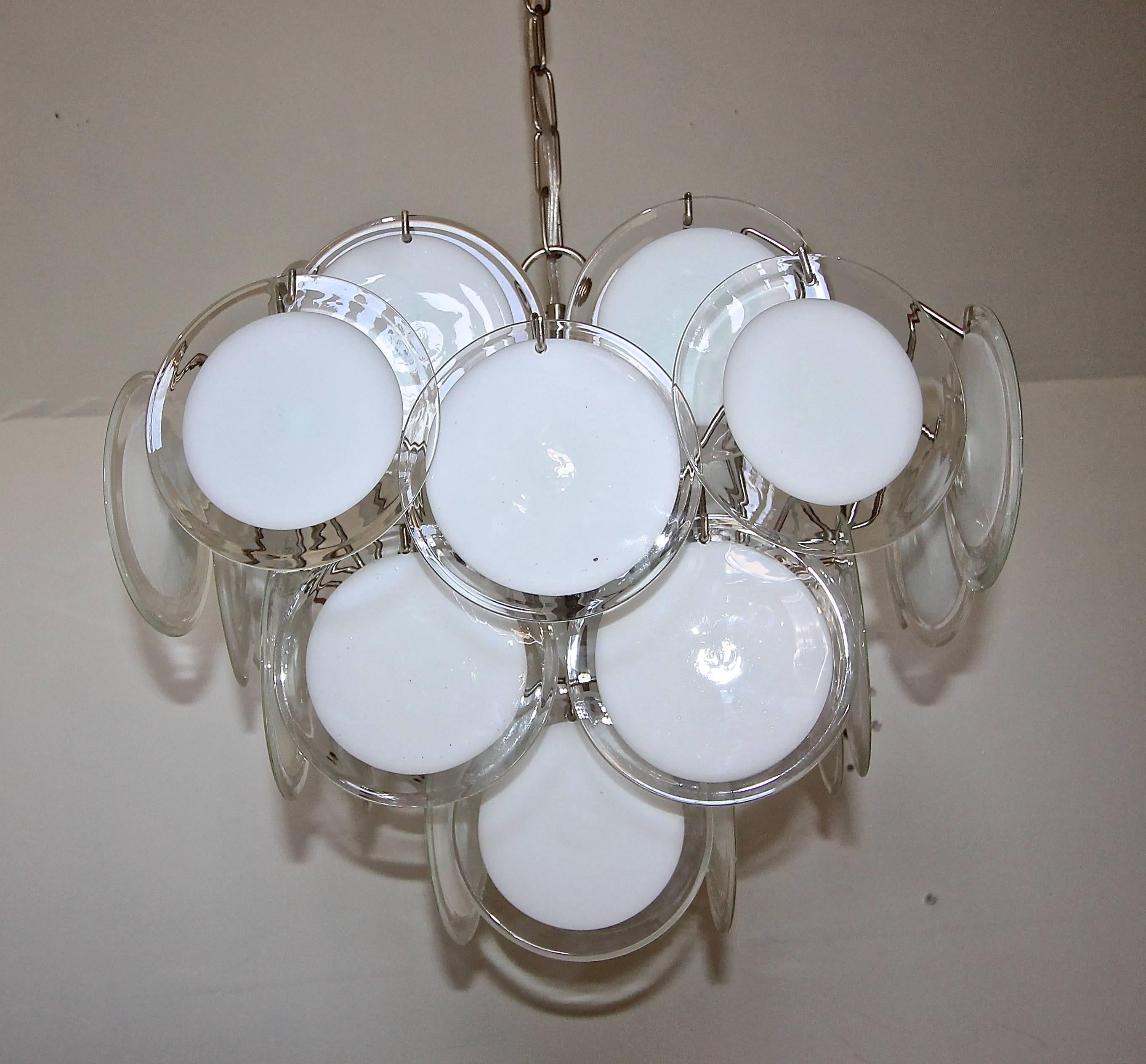 Mid-20th Century Vistosi Murano Clear and White Disc Chandelier