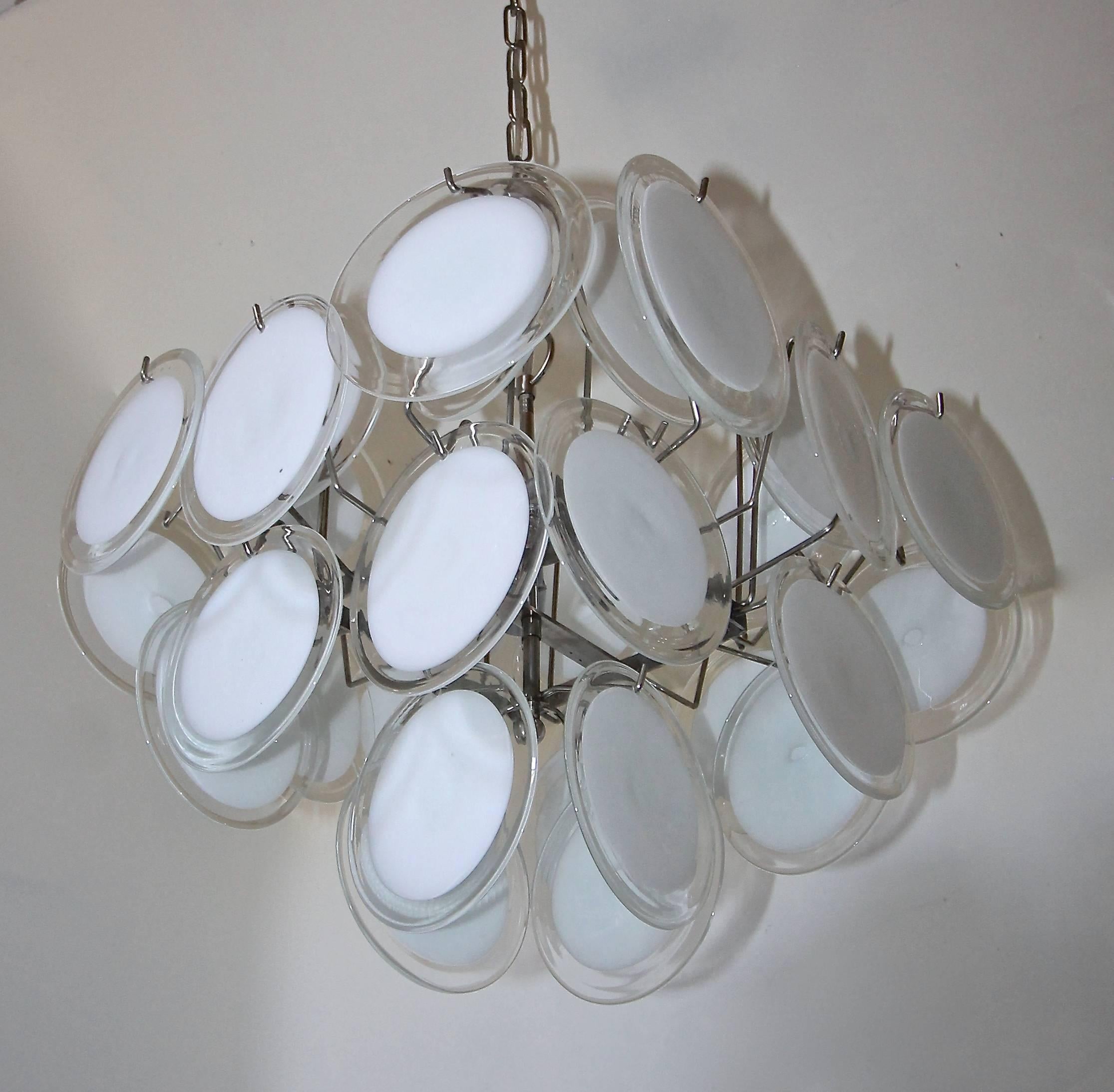 Metal Vistosi Murano Clear and White Disc Chandelier