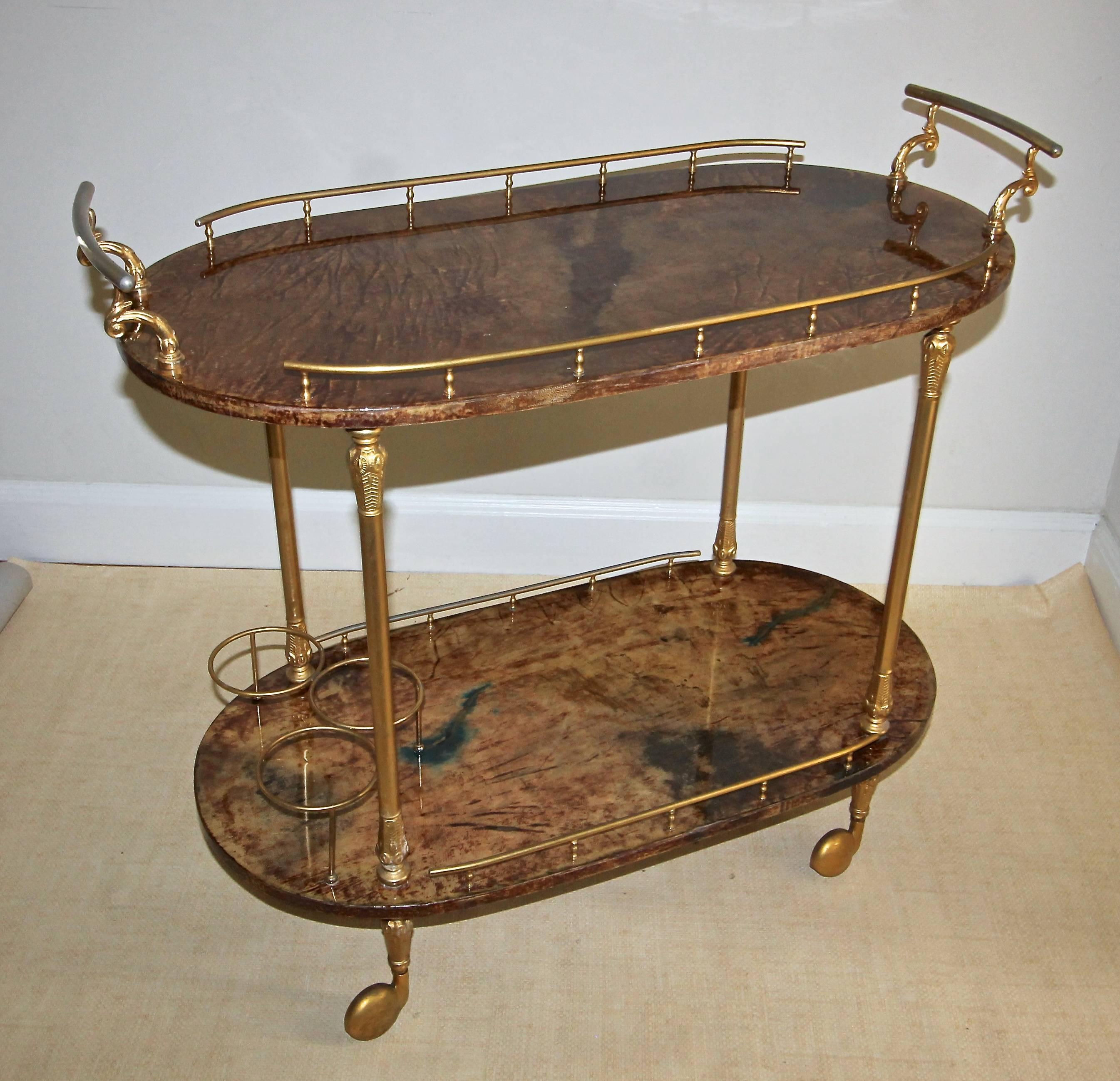Aldo Tura Italian Lacquered Brown Goatskin Bar Cart In Good Condition In Palm Springs, CA