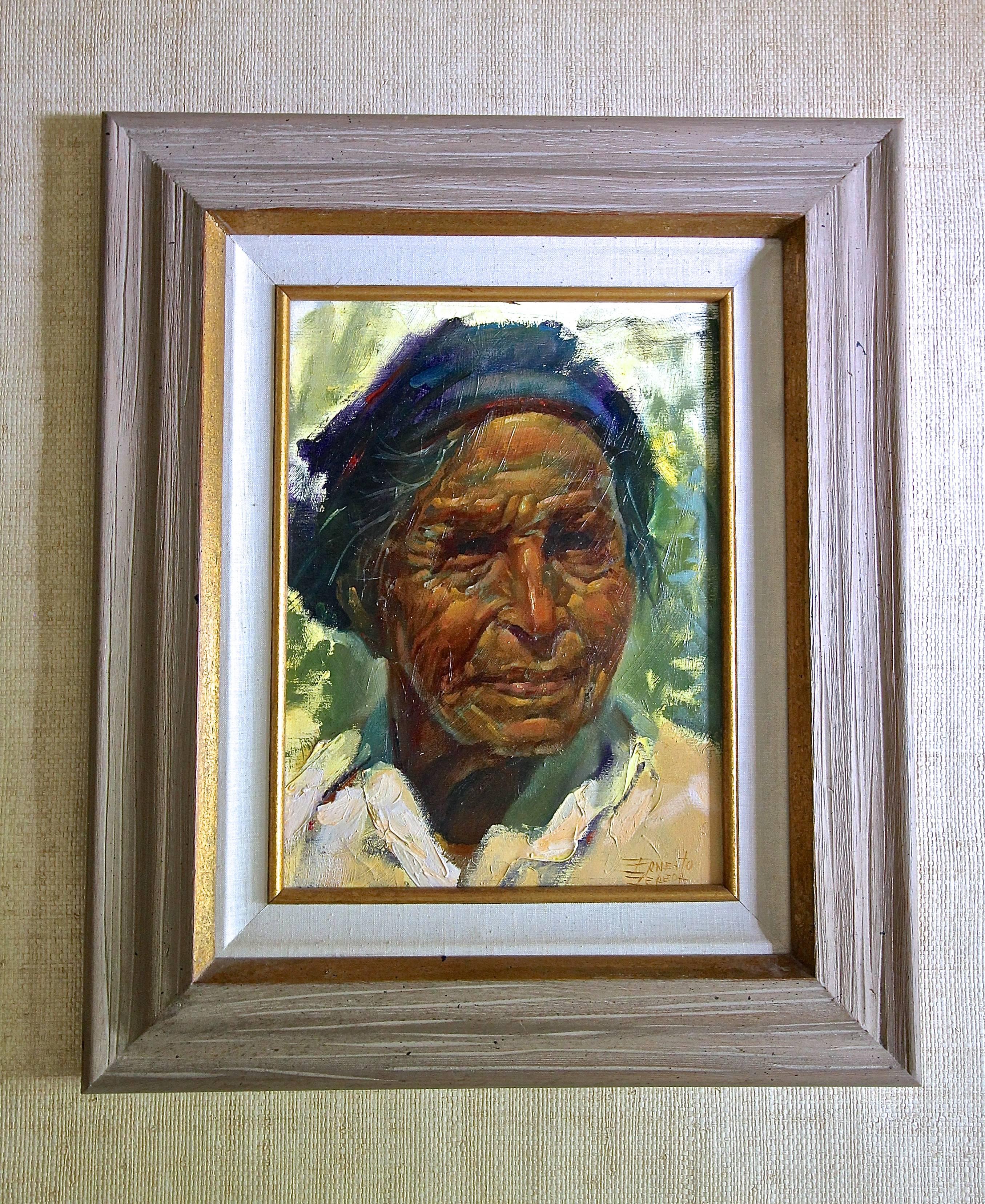 Original 20th century oil painting of native American male by listed artist Ernesto Zepeda. 

Frame size 25.5