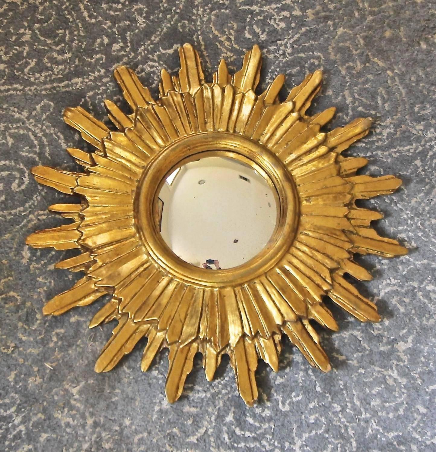 Mid-20th Century French Soleil Sunburst Giltwood Convex Wall Mirror