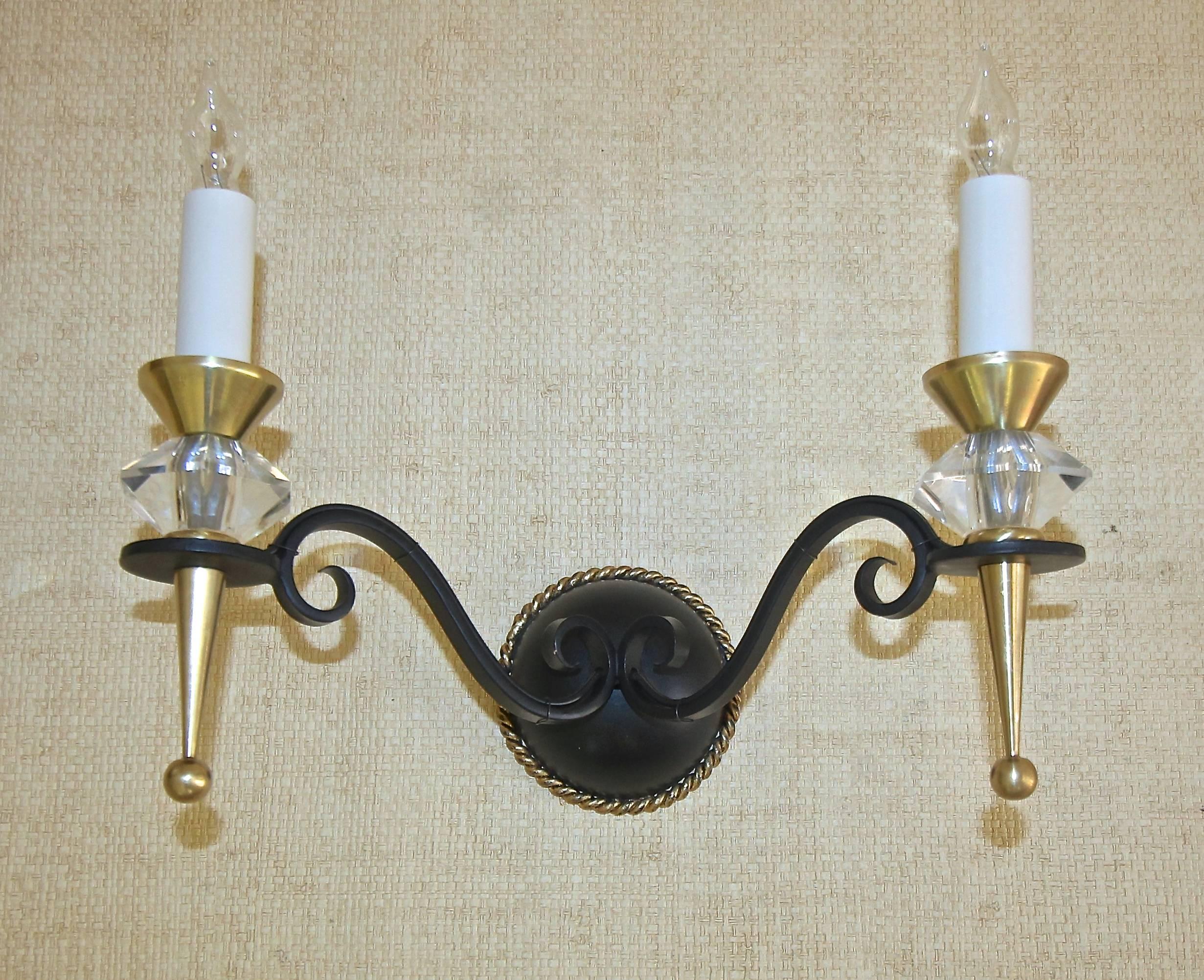 Pair French Leleu Art Deco Brass Crystal and Painted Iron Sconces In Excellent Condition For Sale In Palm Springs, CA