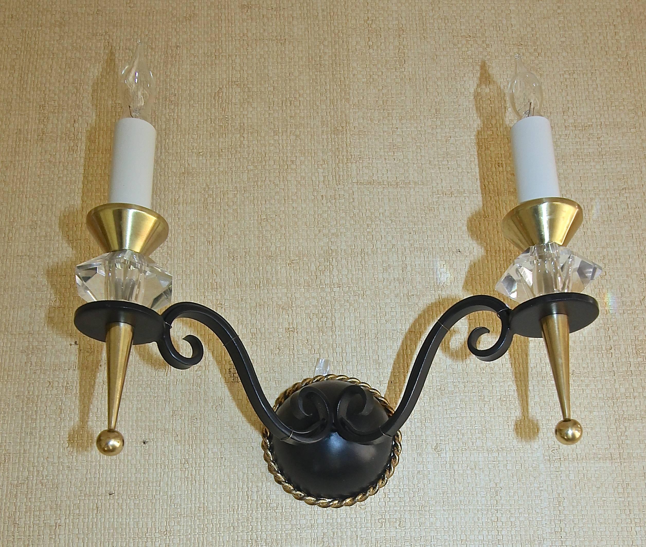 Pair French Leleu Art Deco Brass Crystal and Painted Iron Sconces For Sale 1