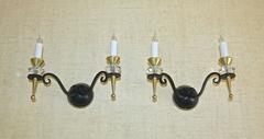 Pair French Leleu Art Deco Brass Crystal and Painted Iron Sconces