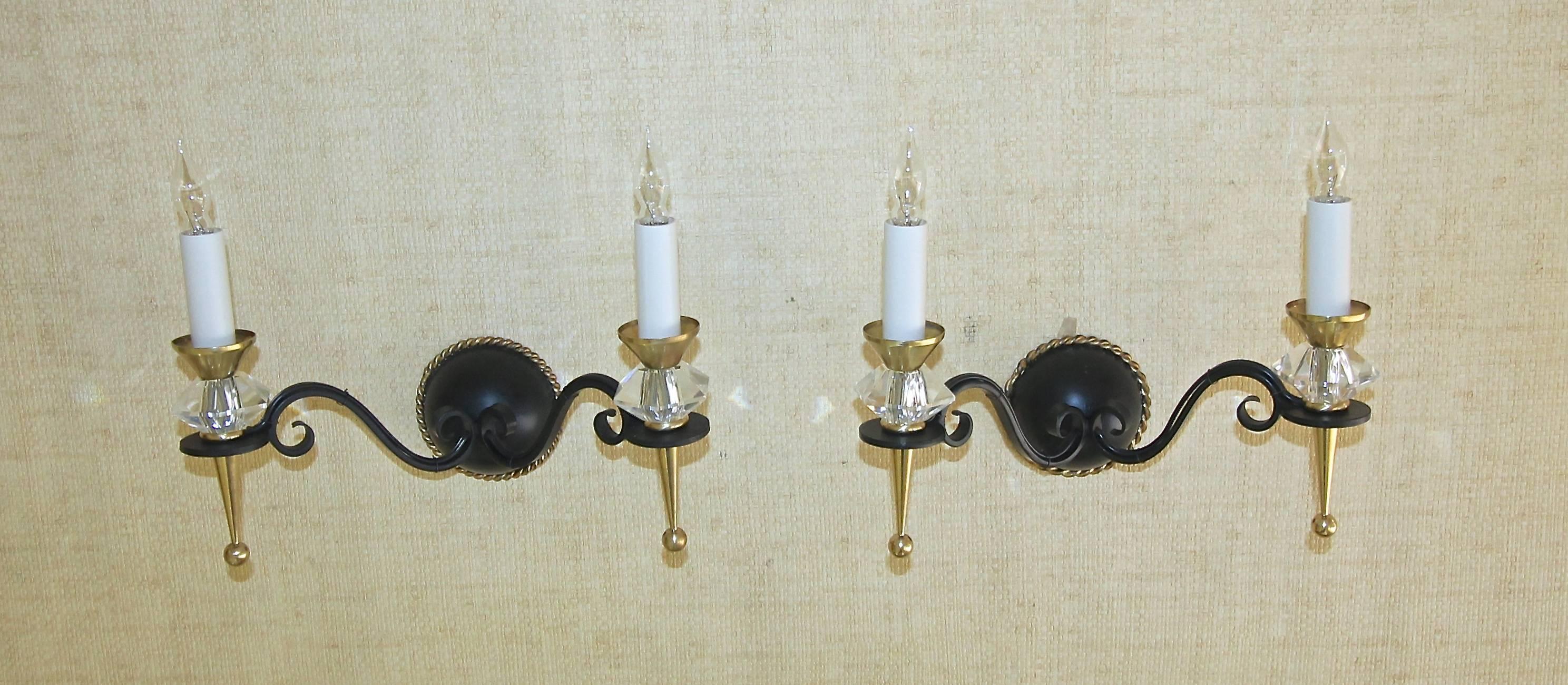 Mid-20th Century Pair French Leleu Art Deco Brass Crystal and Painted Iron Sconces For Sale