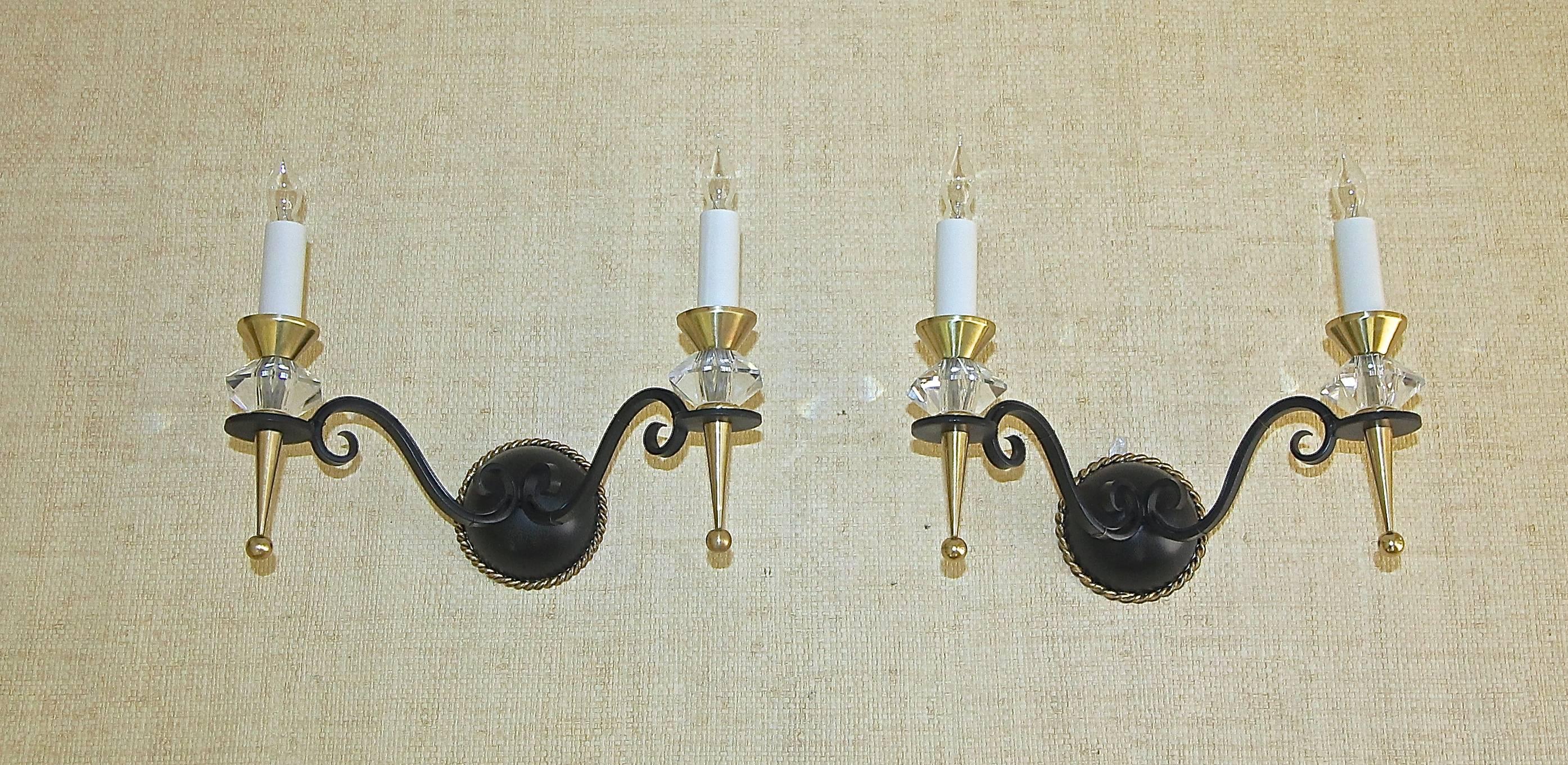 Pair French Leleu Art Deco Brass Crystal and Painted Iron Sconces For Sale 6