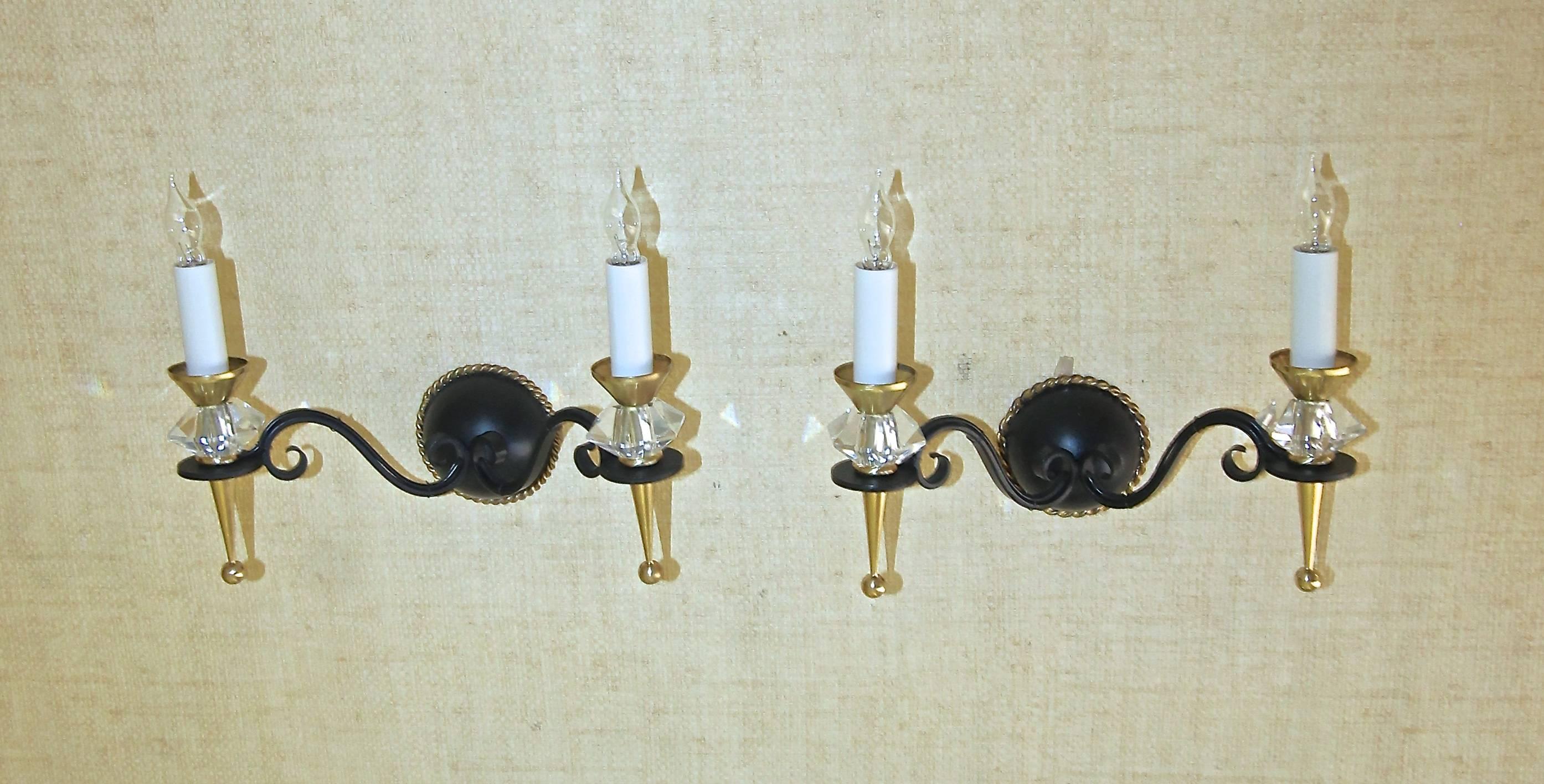 Pair French Leleu Art Deco Brass Crystal and Painted Iron Sconces For Sale 2