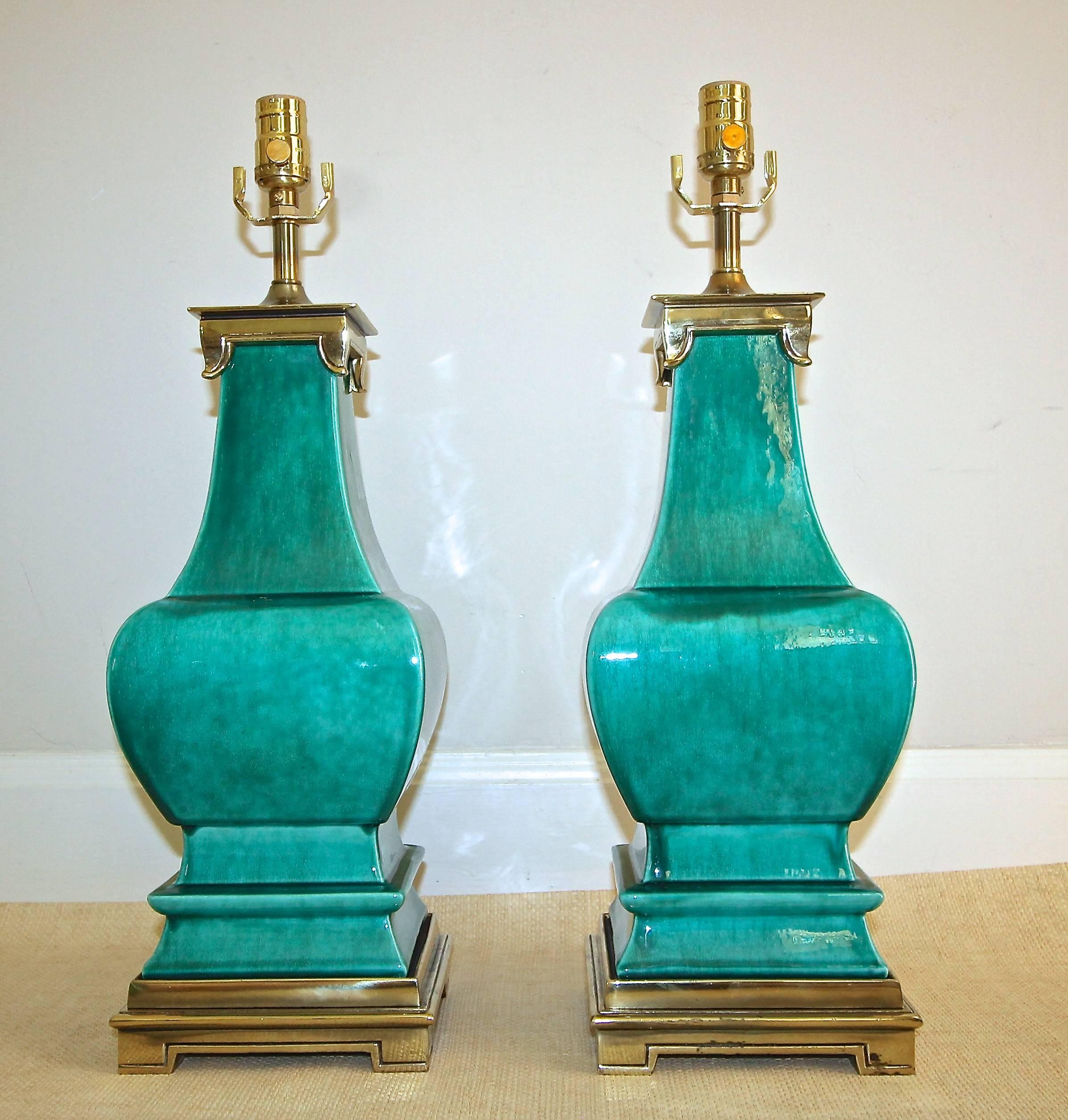 Plated Pair of Stiffel Asian Style Turquoise Ceramic Lamps
