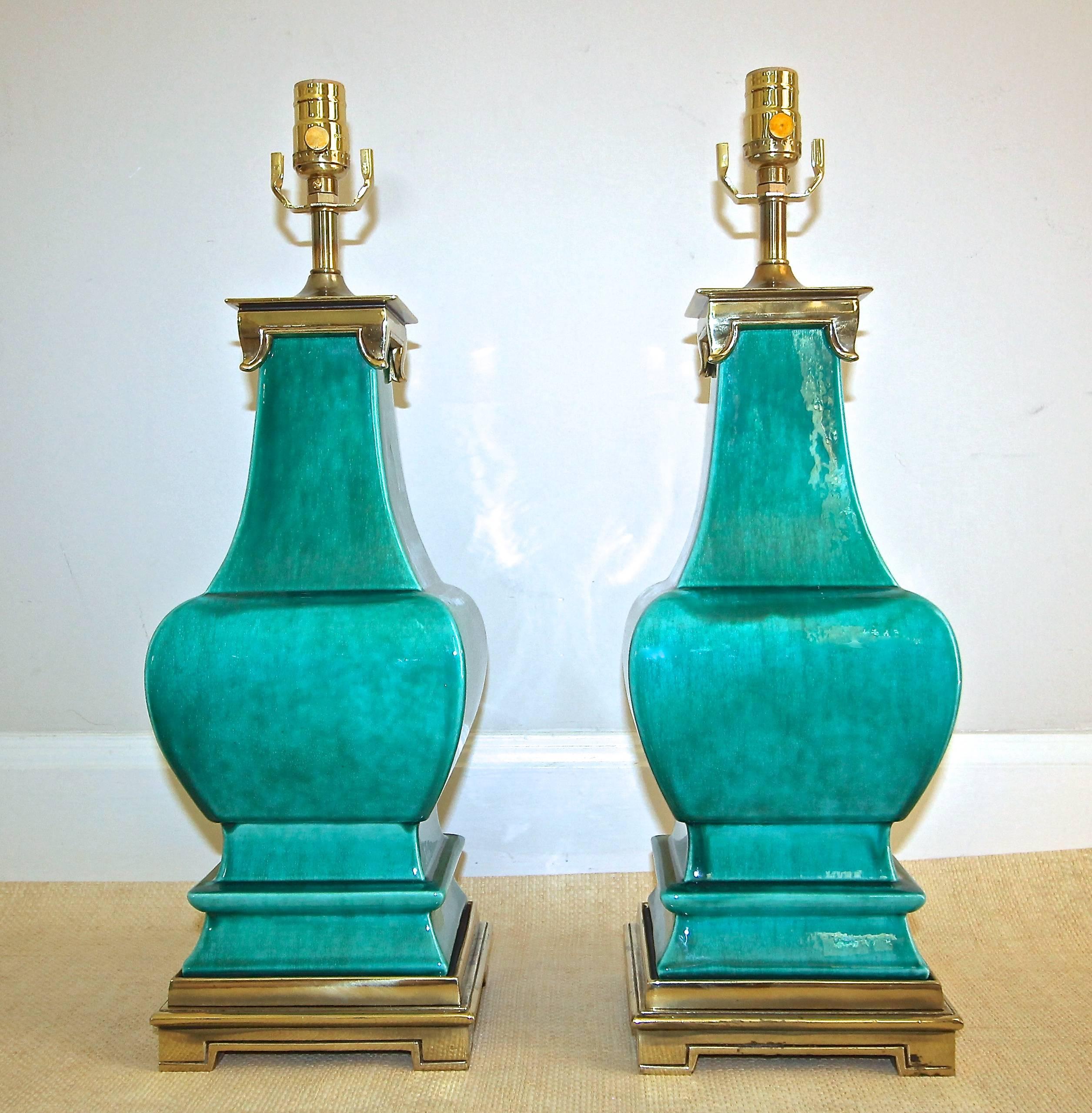 Pair of Stiffel Asian Style Turquoise Ceramic Lamps 4