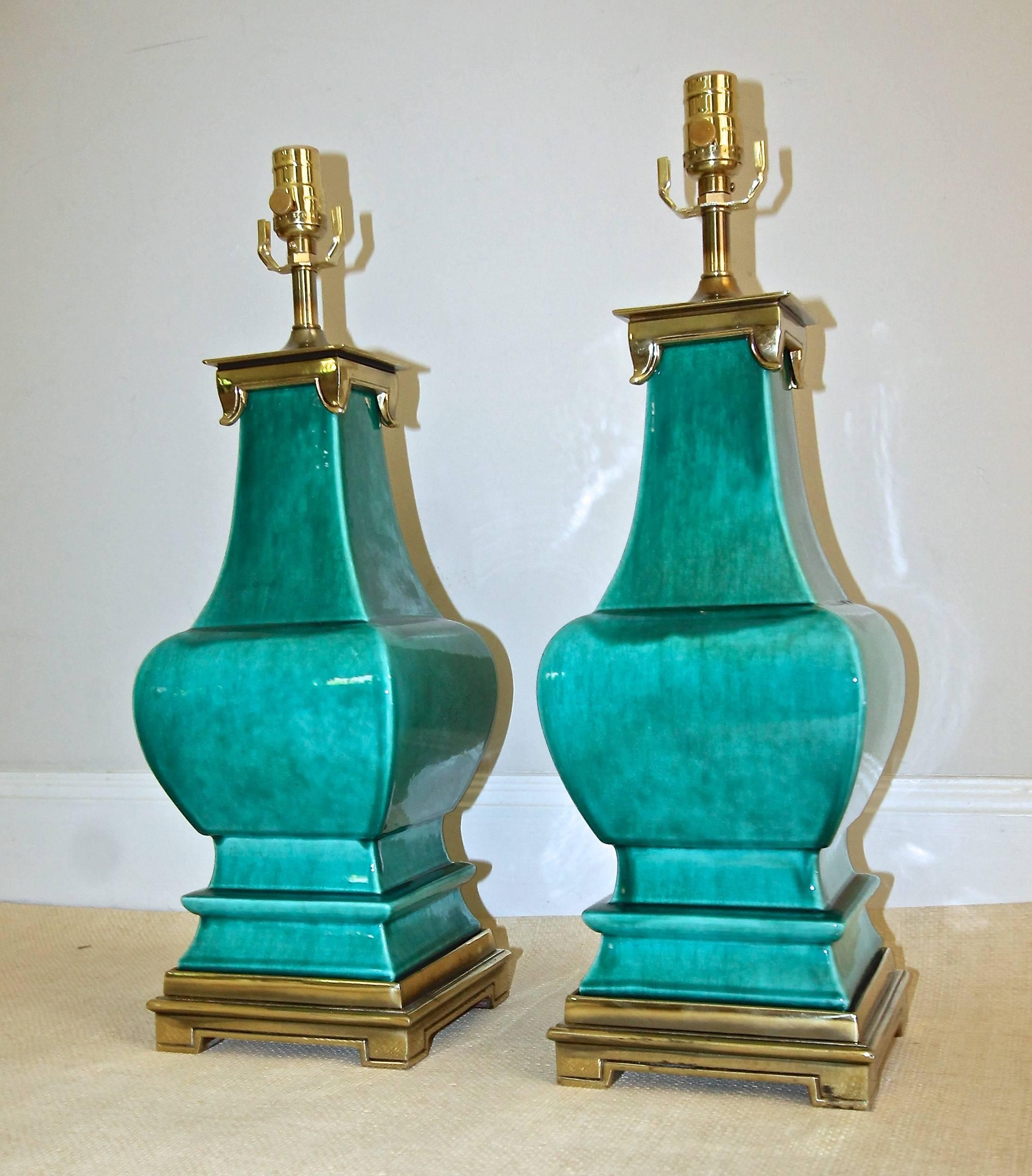 Pair of Stiffel Asian Style Turquoise Ceramic Lamps In Good Condition In Palm Springs, CA