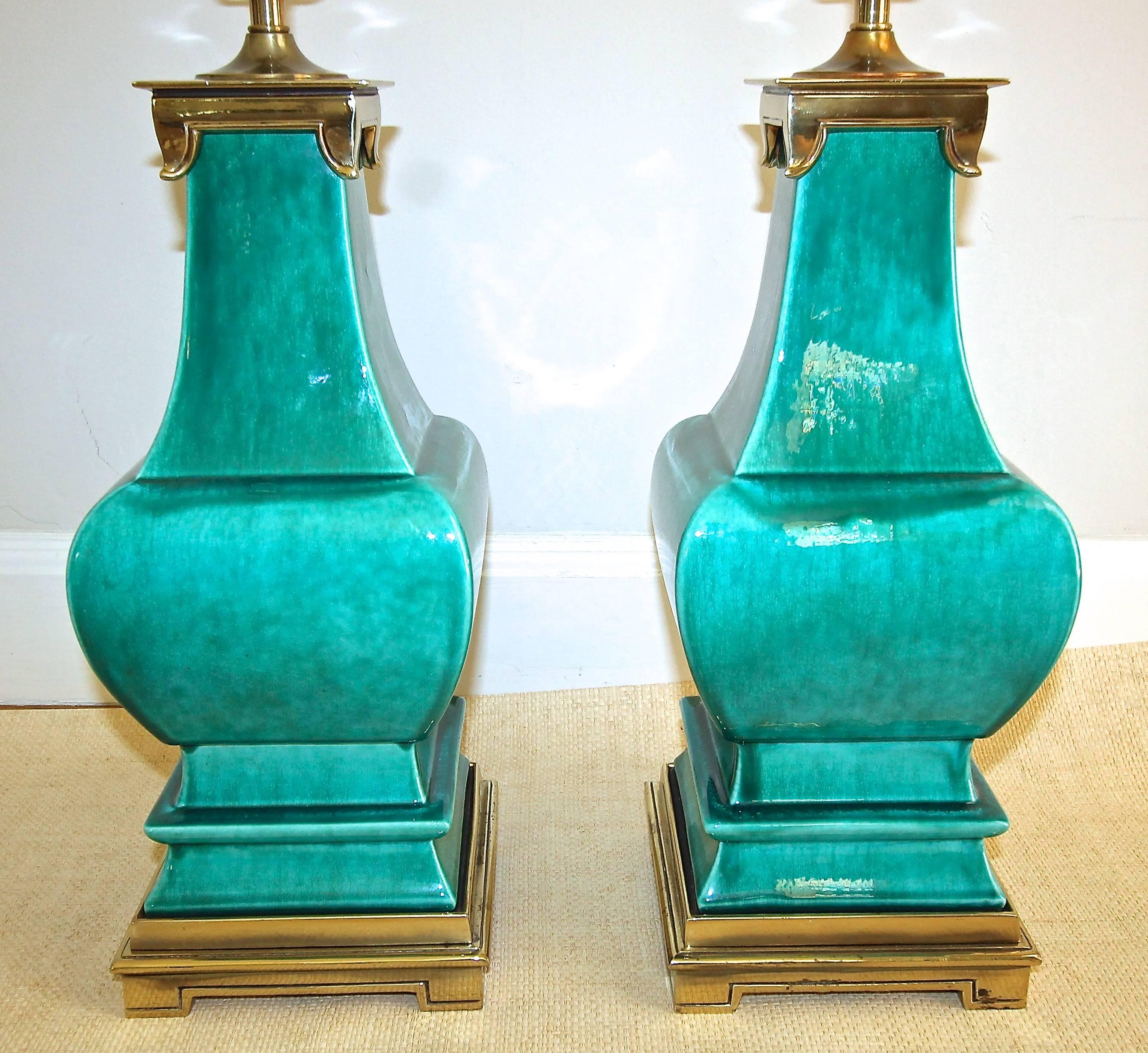Pair of Stiffel Asian Style Turquoise Ceramic Lamps 2