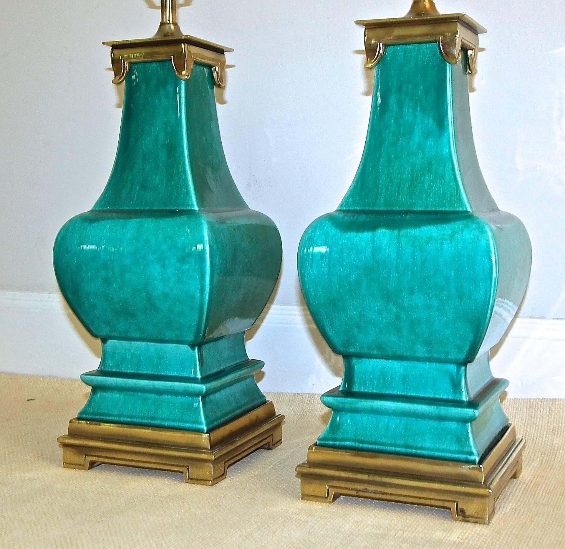 Mid-20th Century Pair of Stiffel Asian Style Turquoise Ceramic Lamps