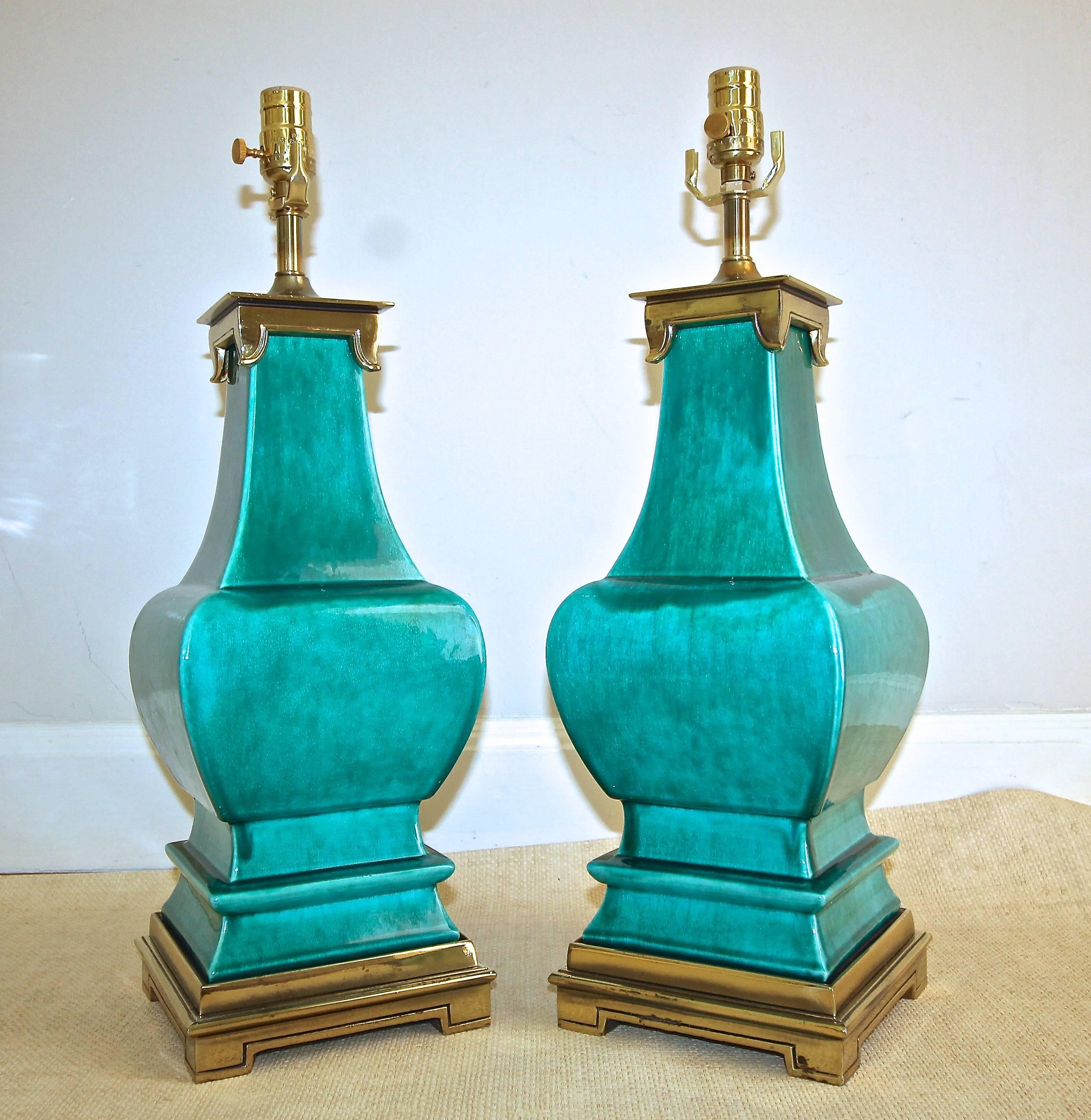 American Pair of Stiffel Asian Style Turquoise Ceramic Lamps