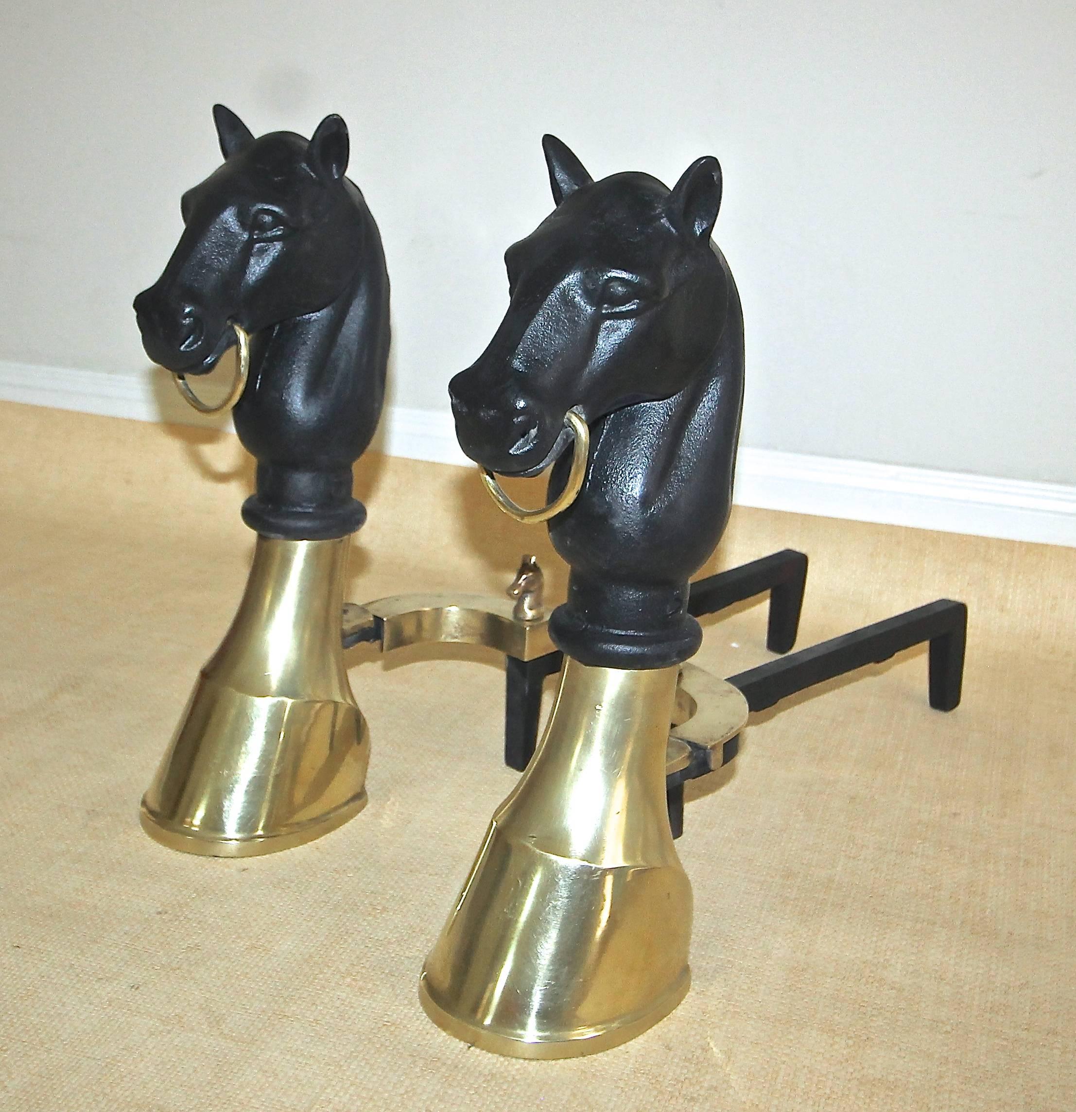 Pair of Heavy Bronze and Cast Iron Horse Equestrian Andirons For Sale 4