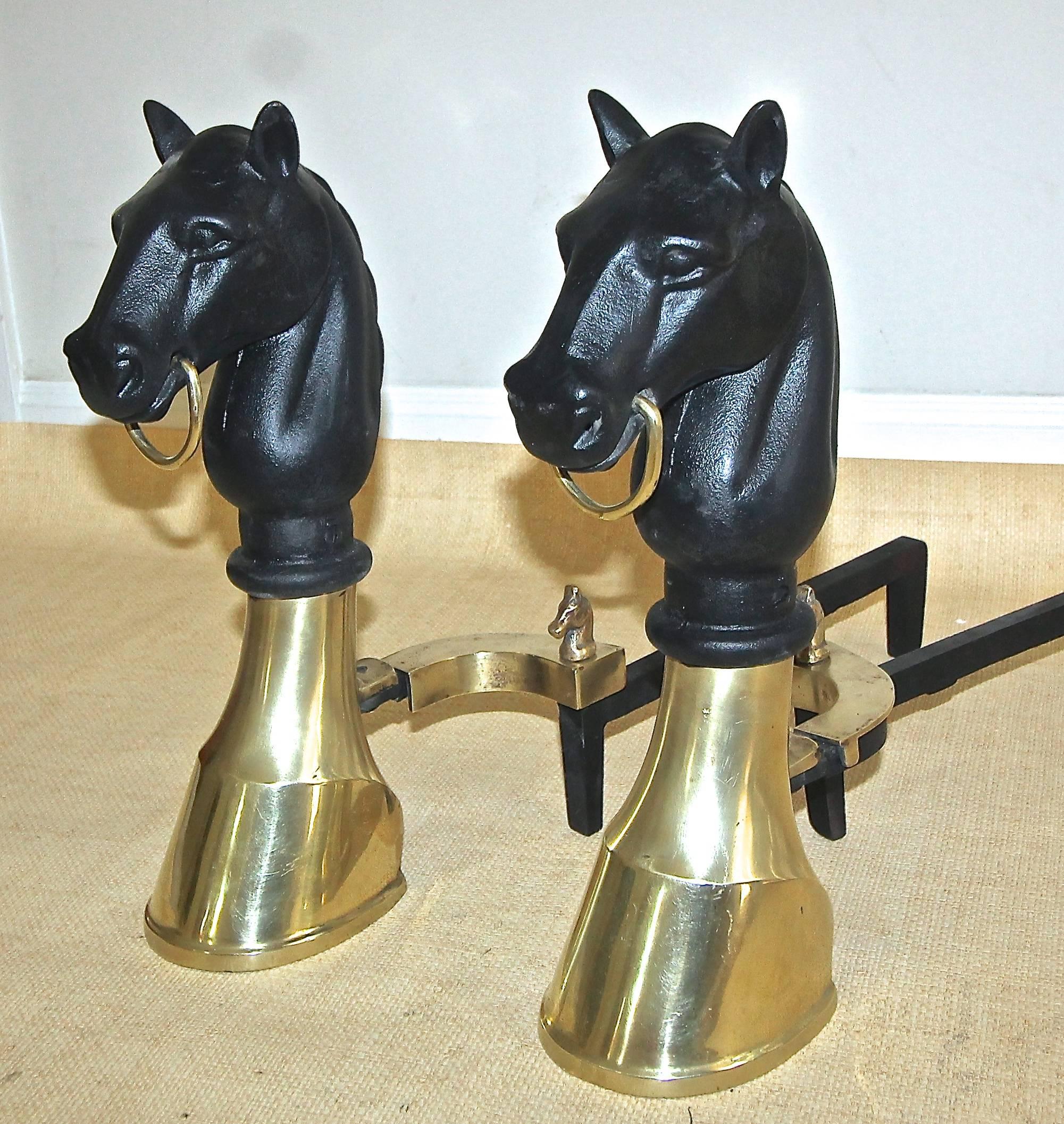 Mid-20th Century Pair of Heavy Bronze and Cast Iron Horse Equestrian Andirons For Sale