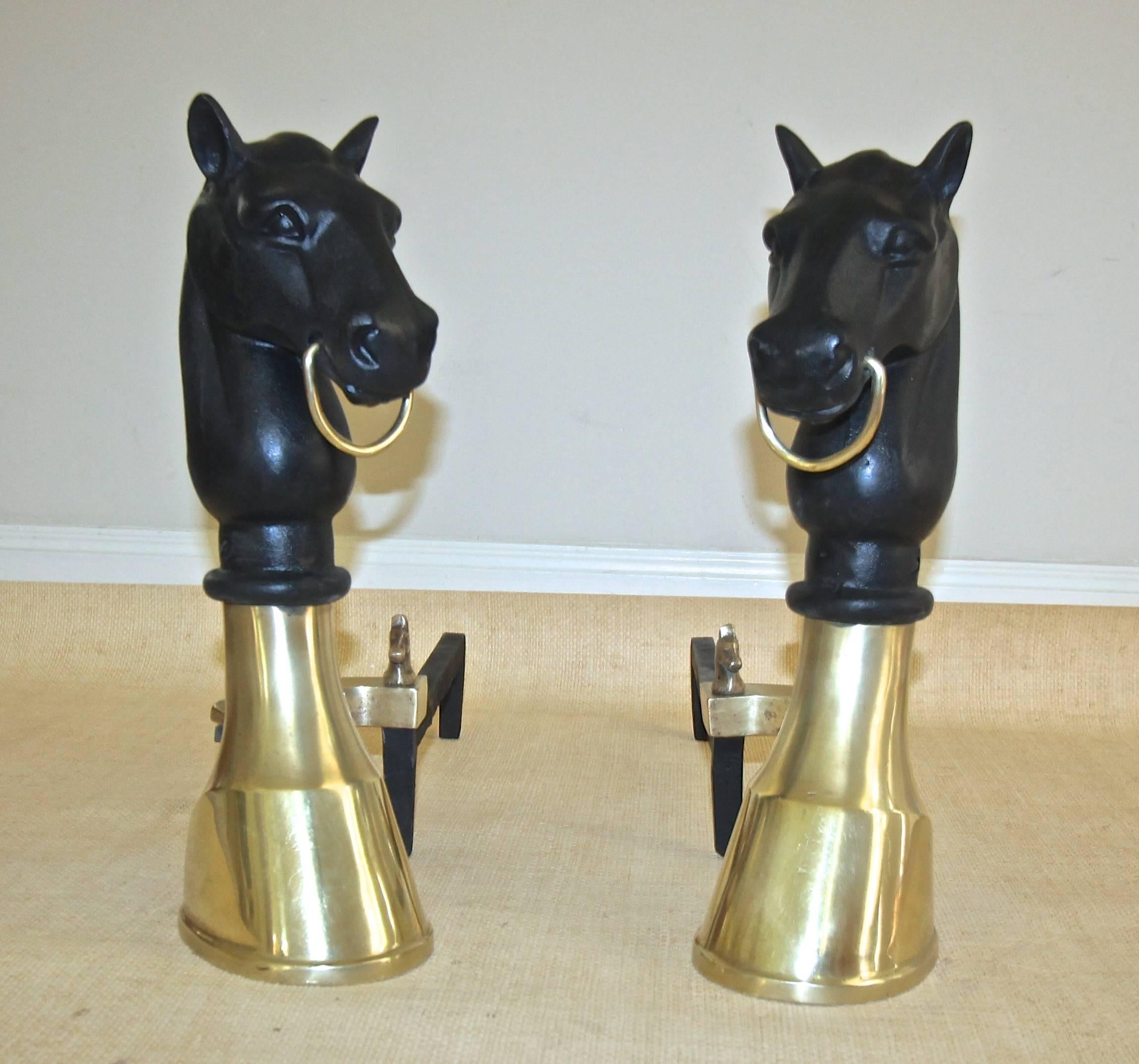 Pair of Heavy Bronze and Cast Iron Horse Equestrian Andirons In Good Condition For Sale In Dallas, TX