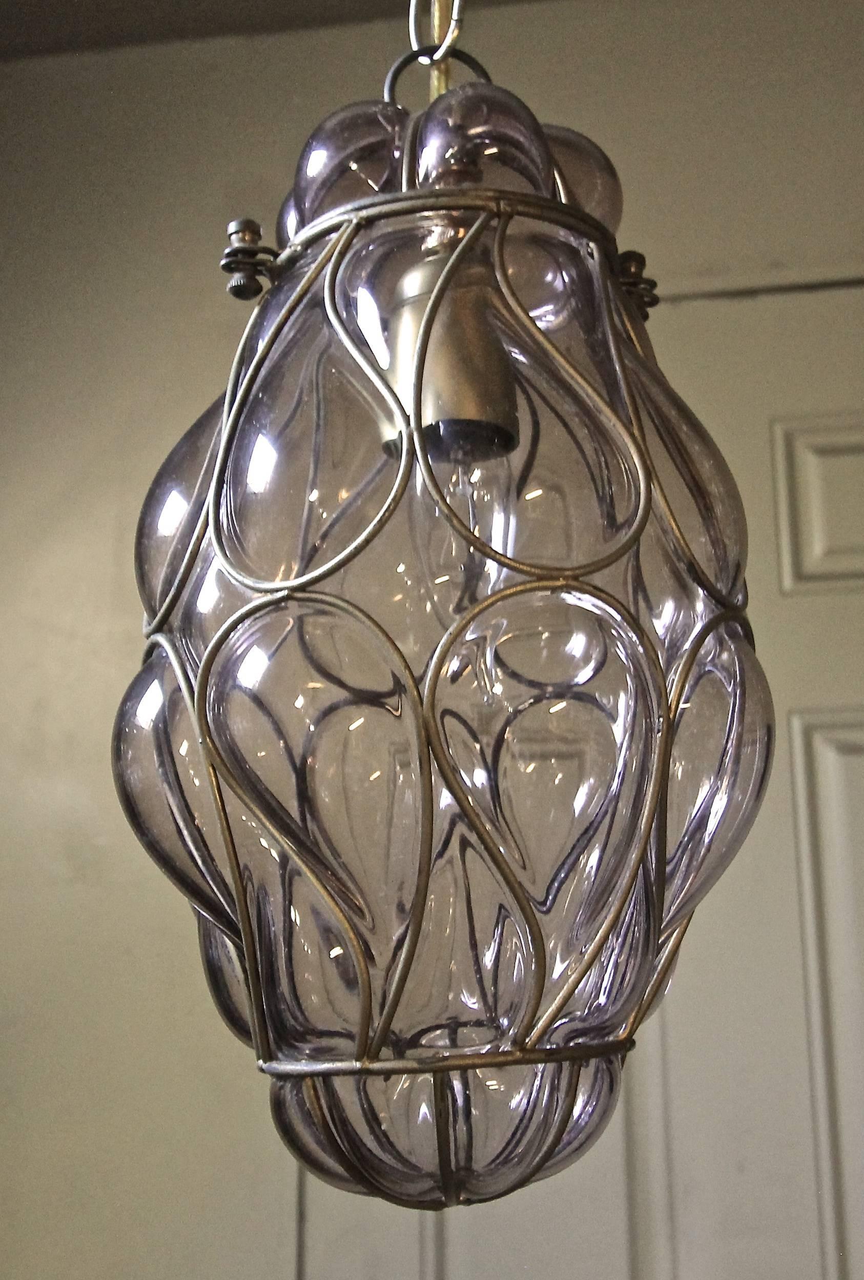 Italian Pair of Venetian Murano Amethyst Caged Glass Pendant or Lantern Ceiling Lights