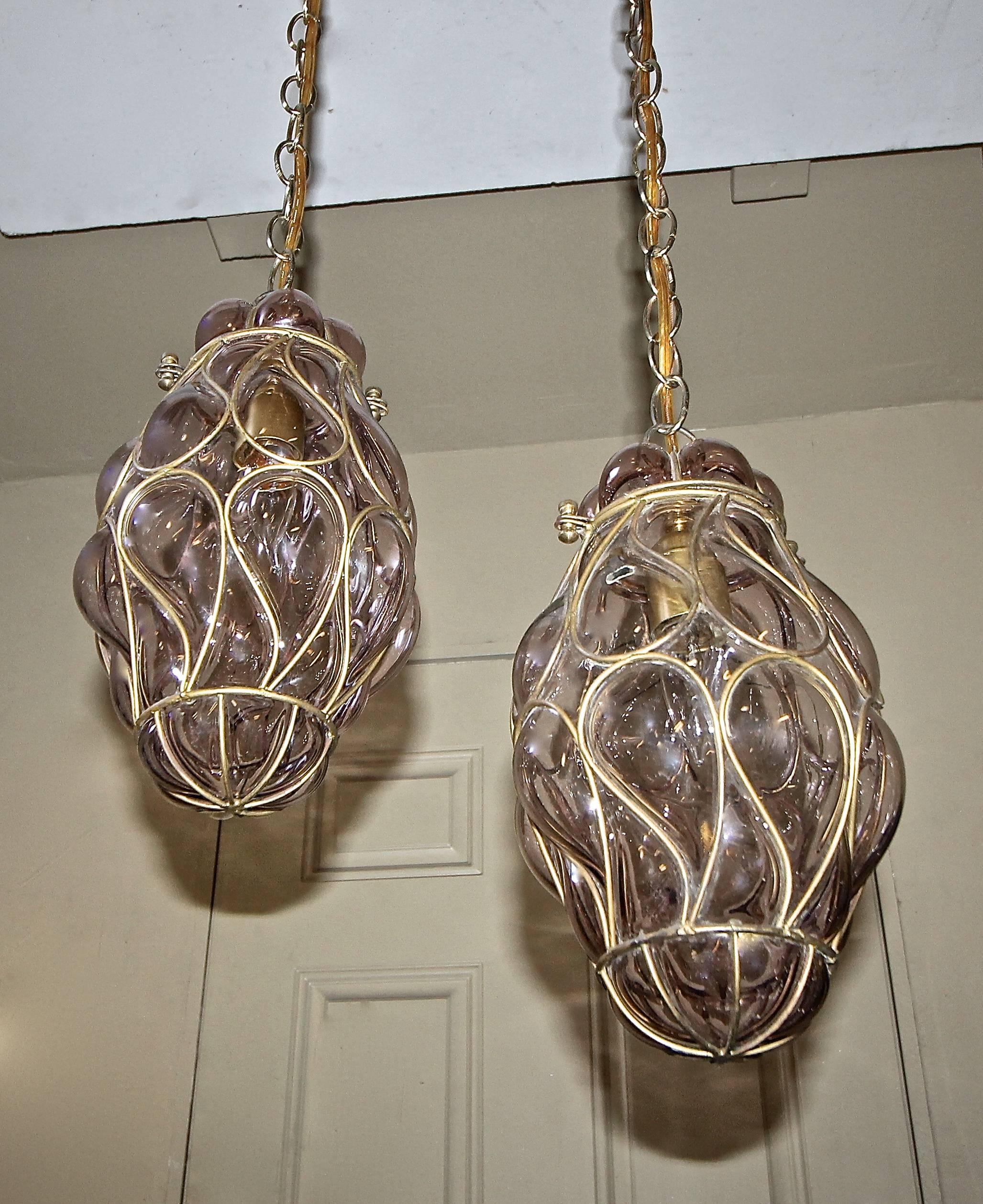 Pair of Venetian Murano Amethyst Caged Glass Pendant or Lantern Ceiling Lights 1