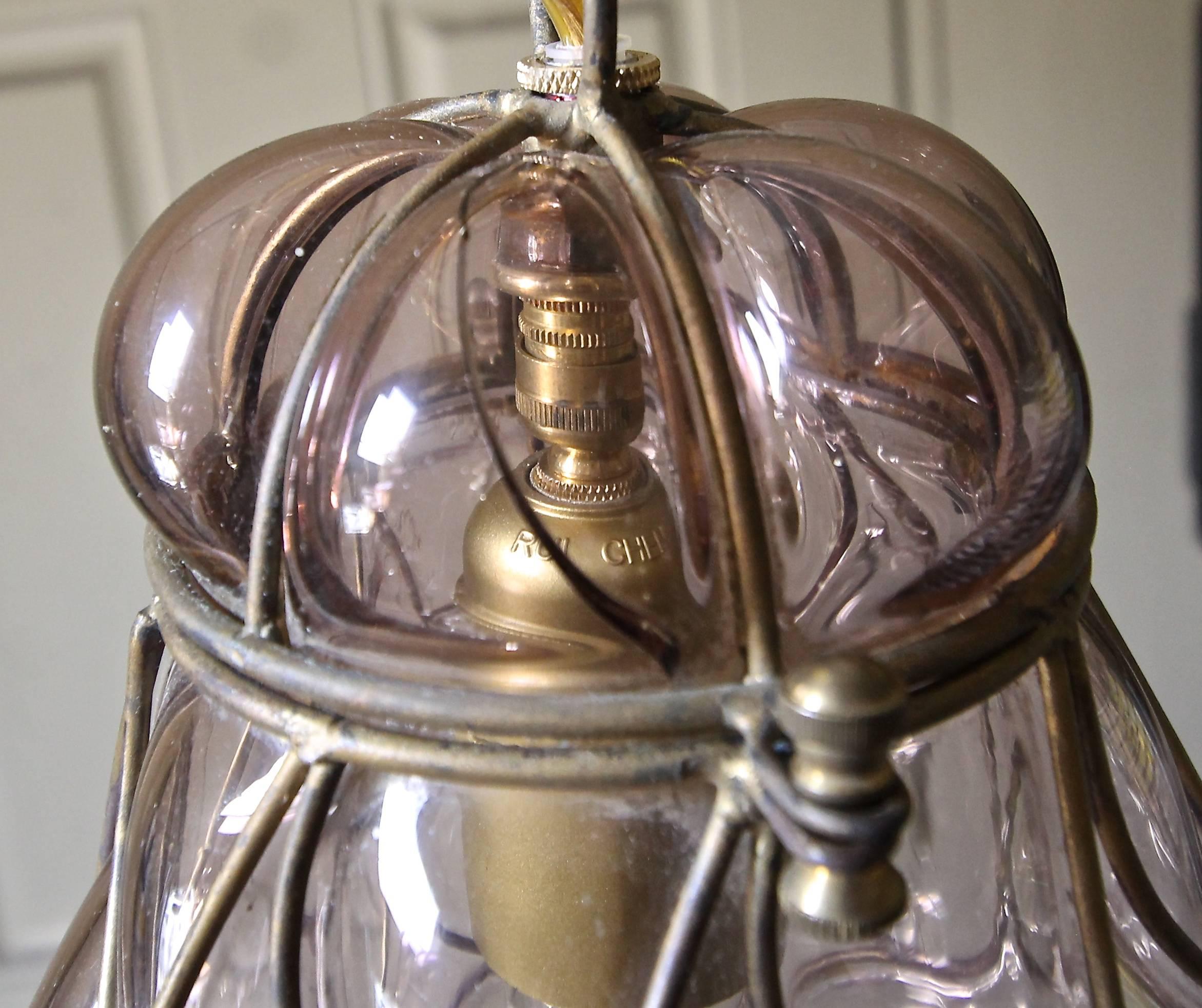 Mid-20th Century Pair of Venetian Murano Amethyst Caged Glass Pendant or Lantern Ceiling Lights