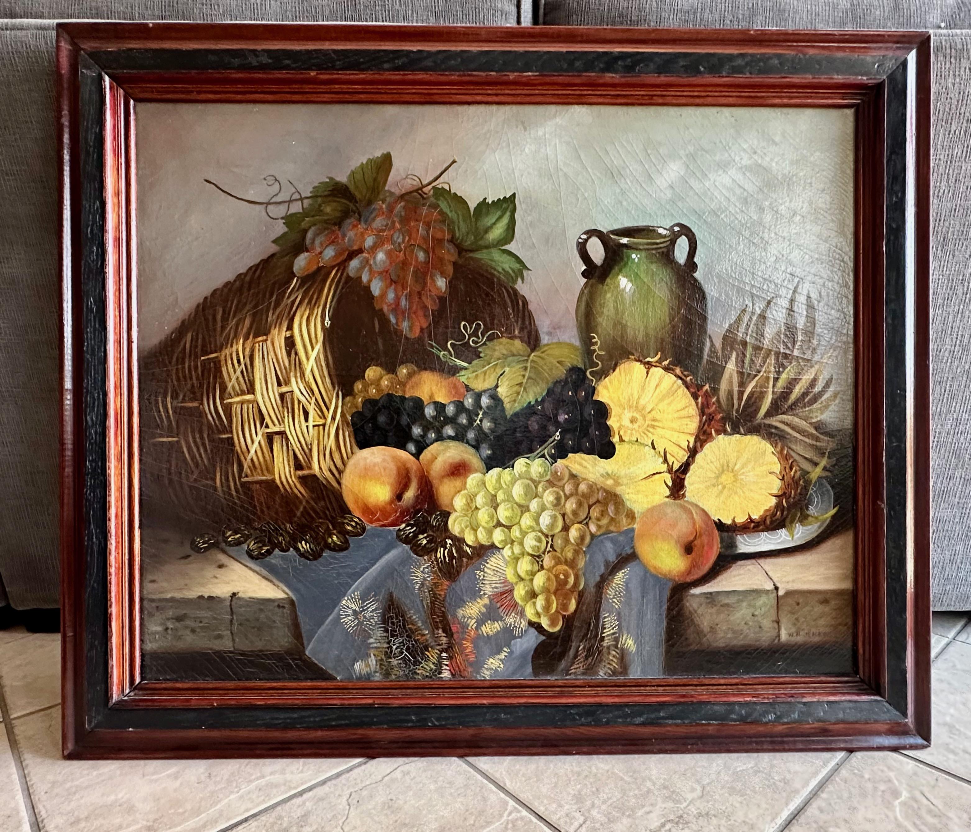 Öl auf Leinwand, 19. Jahrhundert, Obststillleben. Mit Trauben, Feigen, Ananas und Pfirsichen, die aus einem Korb auf ein Tischtuch fallen. Außergewöhnliche Handwerkskunst und Detail, um die Frucht mit altersgerechten craquelure. In den letzten zehn