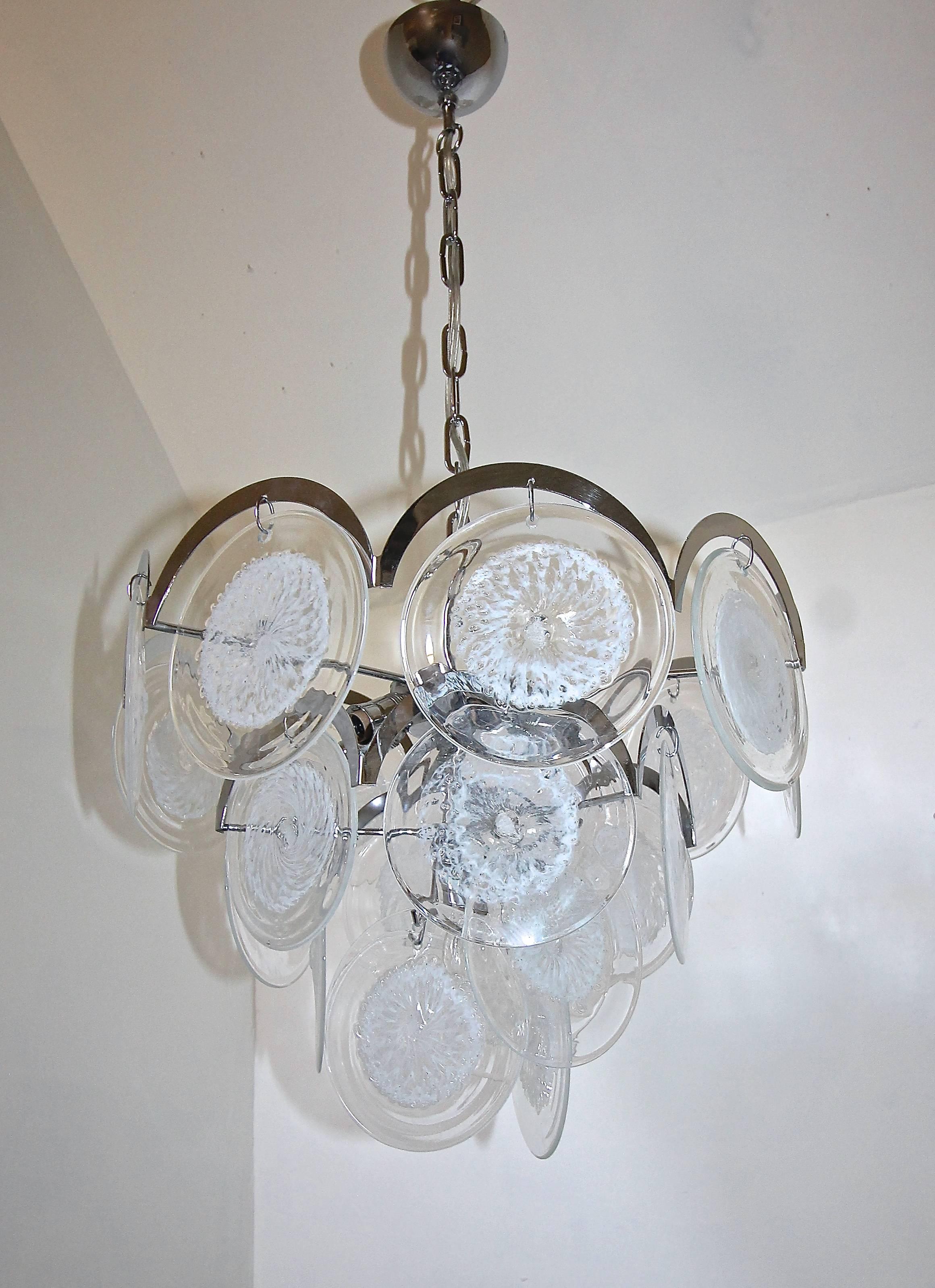 Murano Vistosi Style Clear and Swirled White Disk Chandelier 4