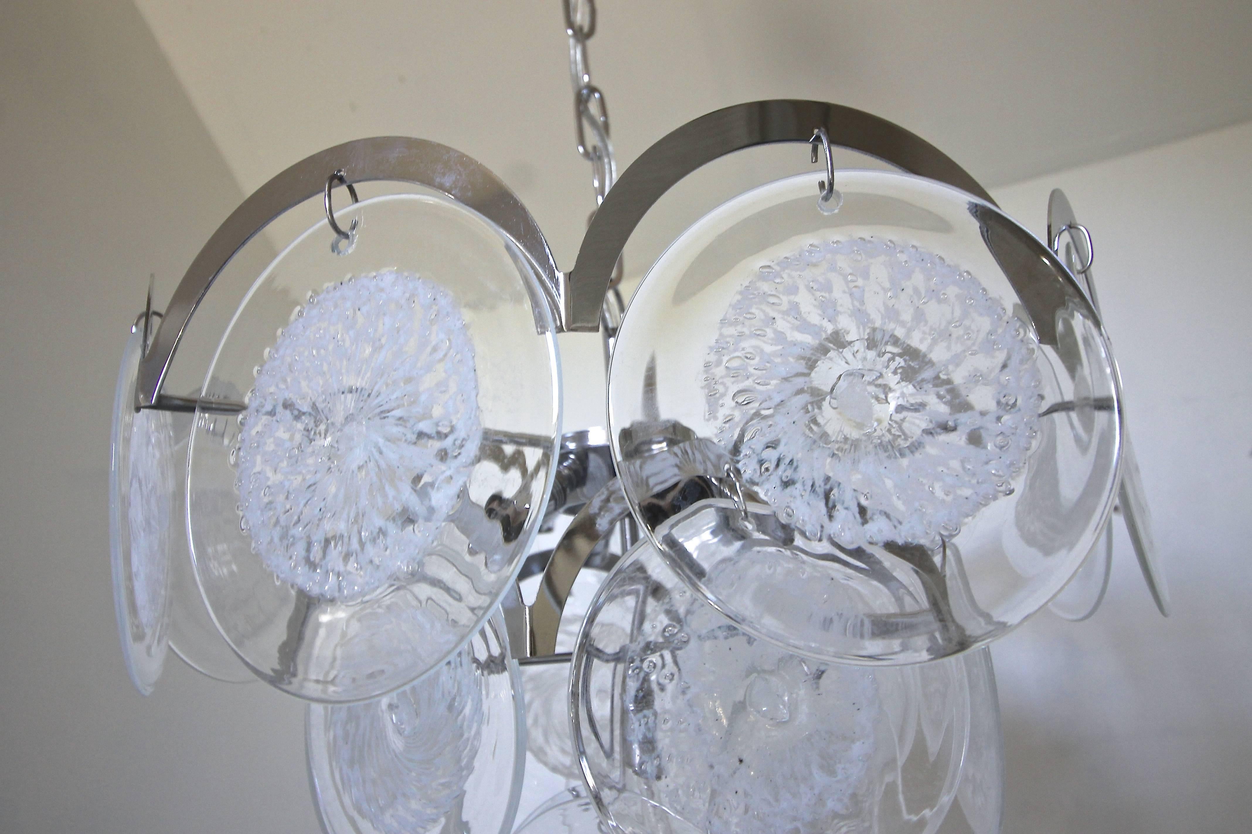 Glass Murano Vistosi Style Clear and Swirled White Disk Chandelier