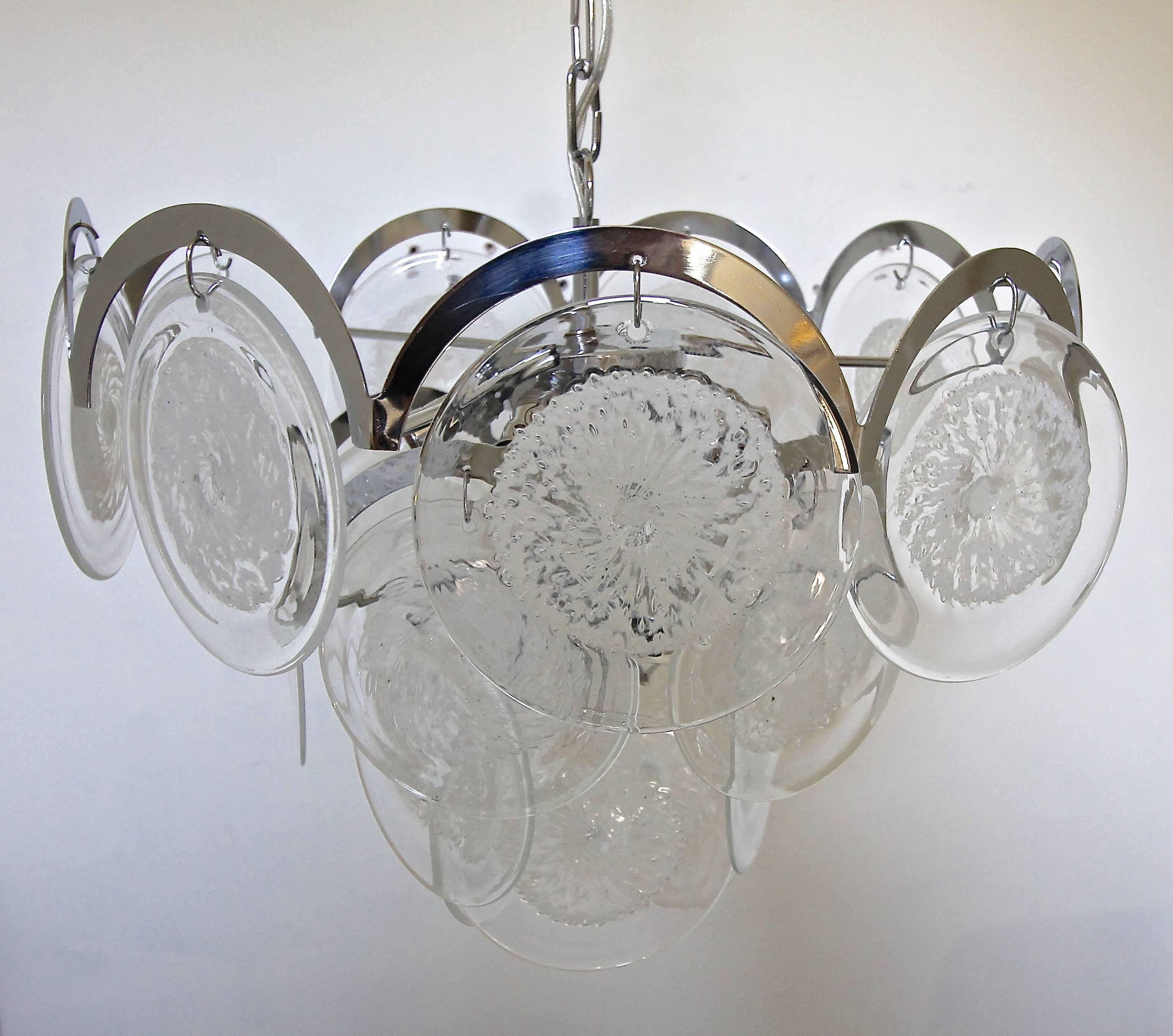 Murano Vistosi Style Clear and Swirled White Disk Chandelier 1